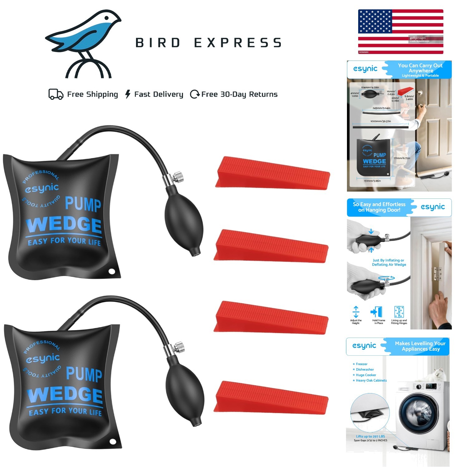 Heavy-Duty Air Wedge Bag Kit 2pc 300lbs w Quick-Release Valve & 4 Plastic Wedges