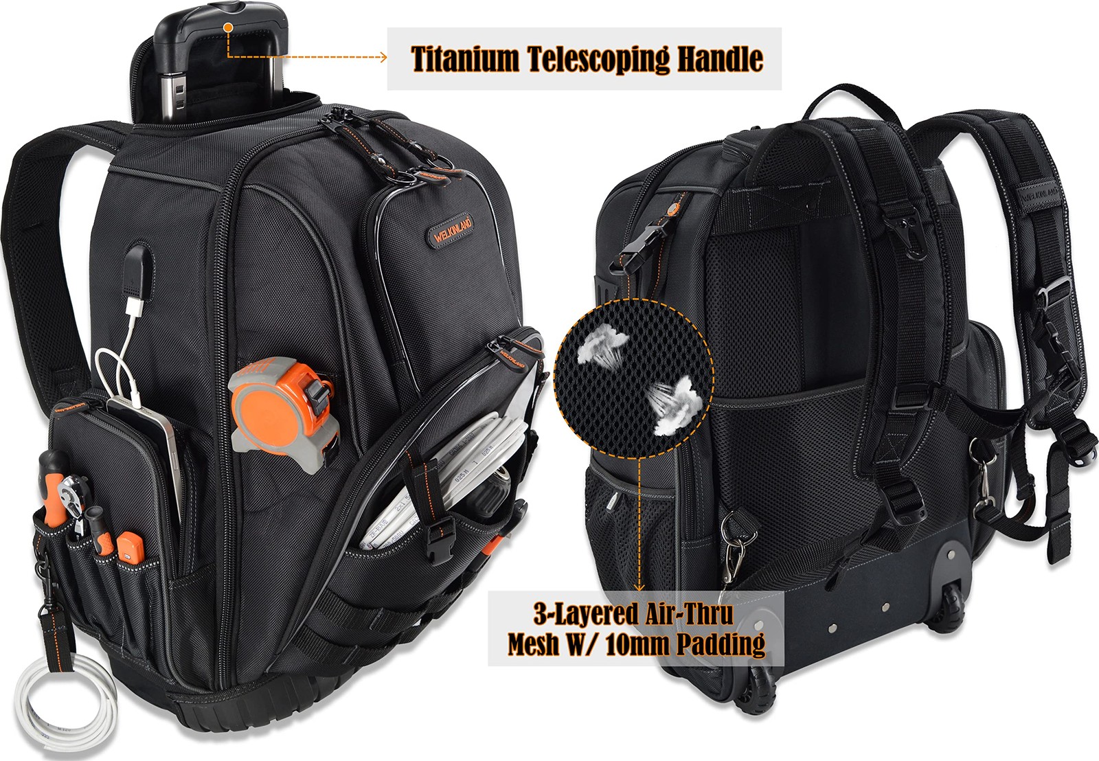 WELKINLAND 72Pockets Rolling Tool backpack, Large tool bag with wheels