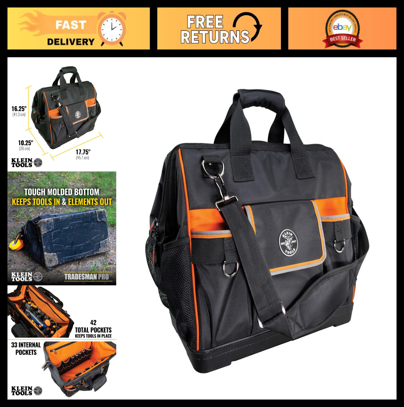 Wide-Open Tool Bag, 1680D Ballistic Weave, Molded Bottom, Detachable Strap, Dura