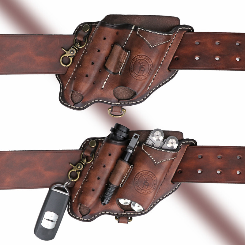 TOURBON Leather 4-in-1 Tool Belt Holster EDC Multitool Flashlight Sheath Utility