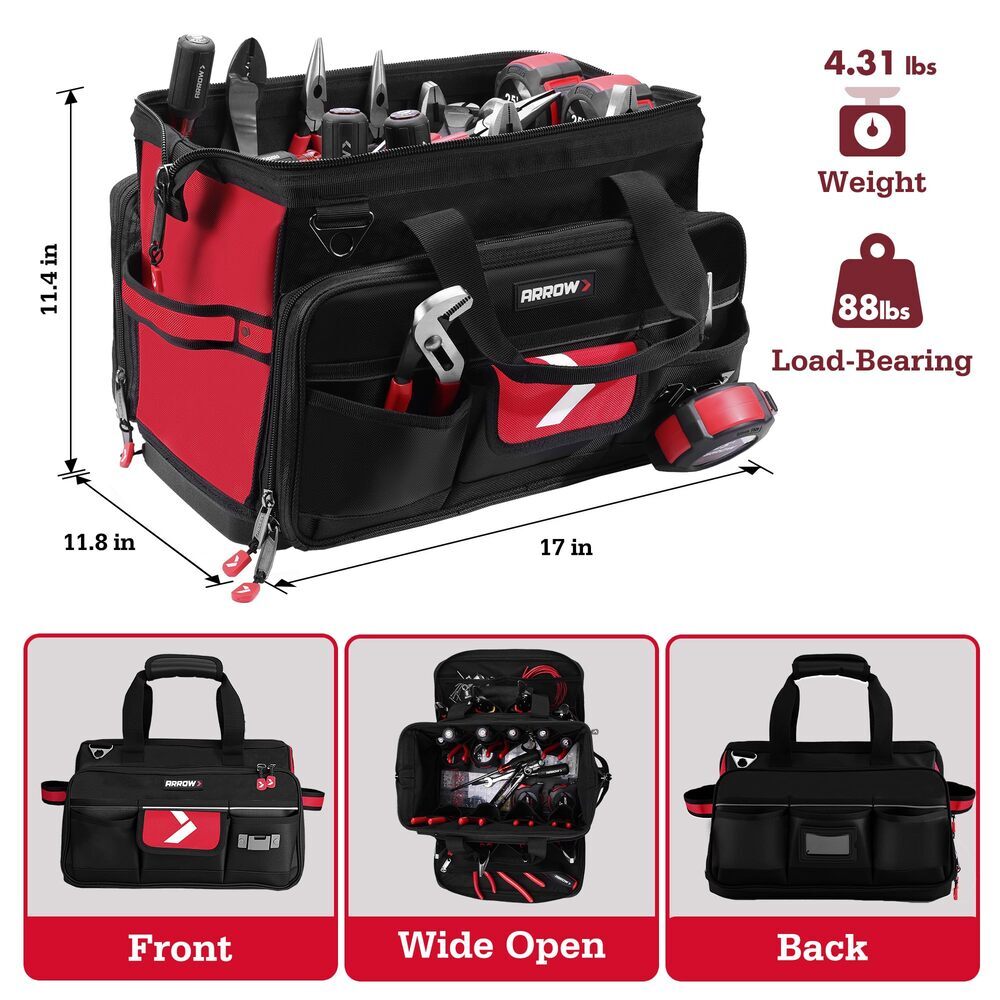 ARROW 17″ Large Heavy Duty Tool Bag Zippered Wide Open Mouth Toolbag w/36 Pocket