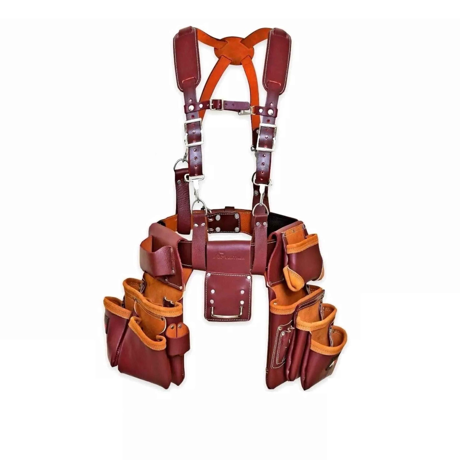 19-Pocket Leather Tool Belt with Suspenders & Comfort Back for Electrician Jobs