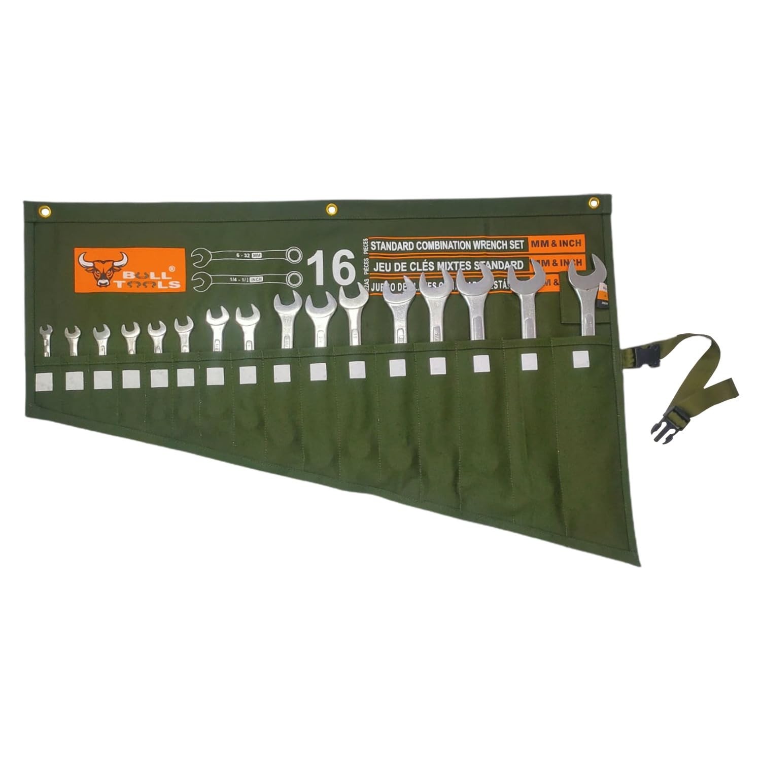 Bull Tools Roll Up Tool Bag Organizer 16 Pockets Metric & Sae Wrench O