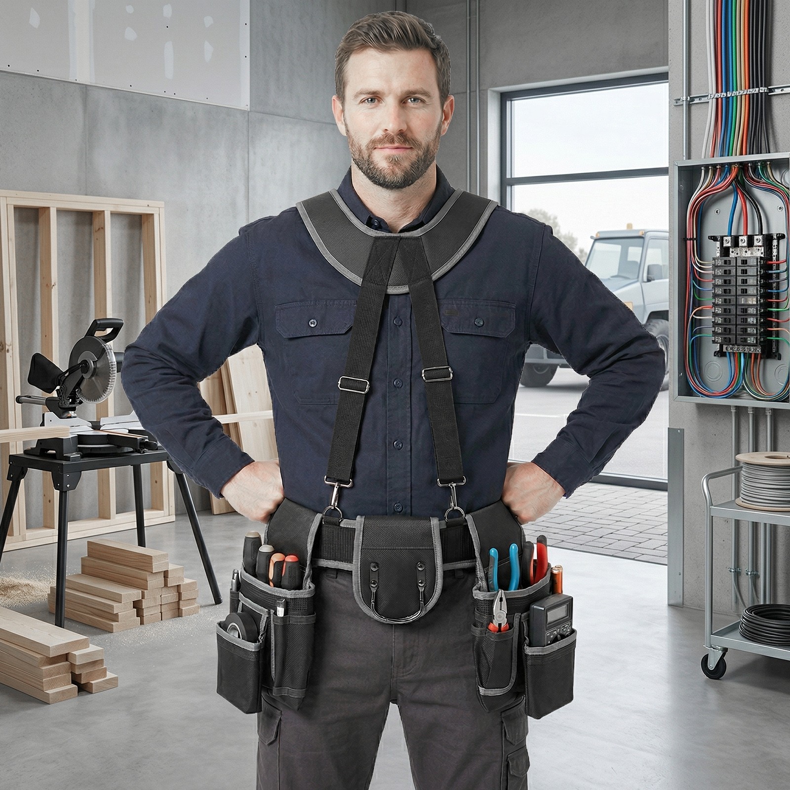 Multifunctional Electrician Tool Bag,Heavy Duty Tool Bag w/Suspenders,Tool Belt