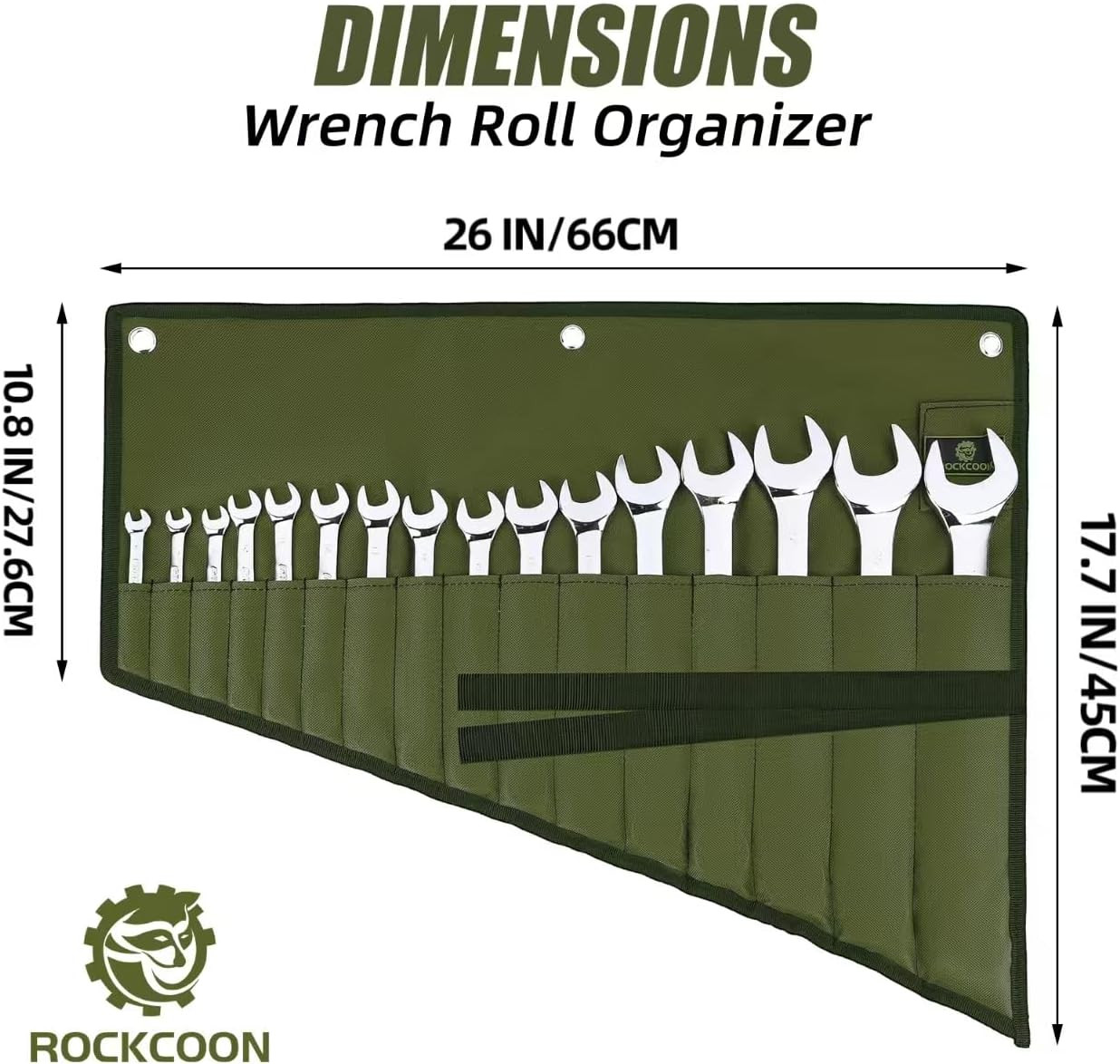 Wrench Roll Organizer 16-Pocket Waterproof Oxford Cloth Tool Pouch Roll-Up Green