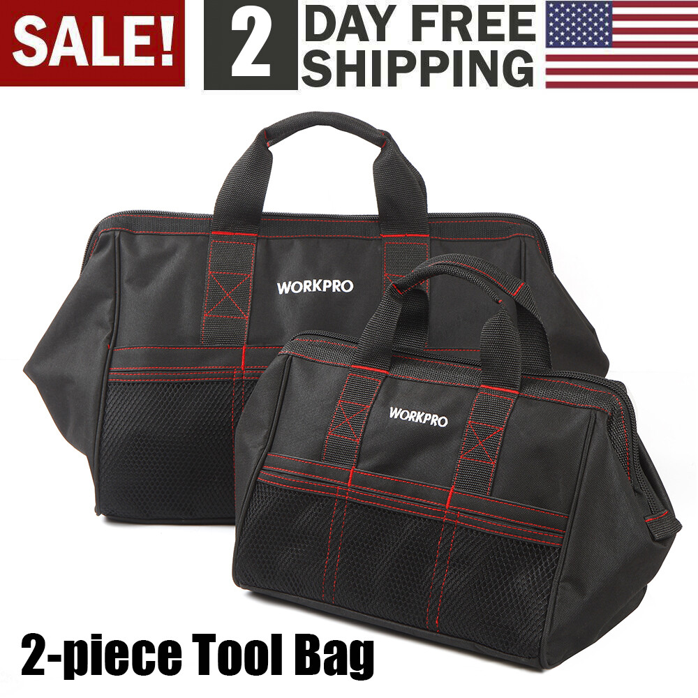 WORKPRO 2 Piece 13″ 18″ TOOL BAG Wide Mouth Heavy Duty Tote Storage with Zipper