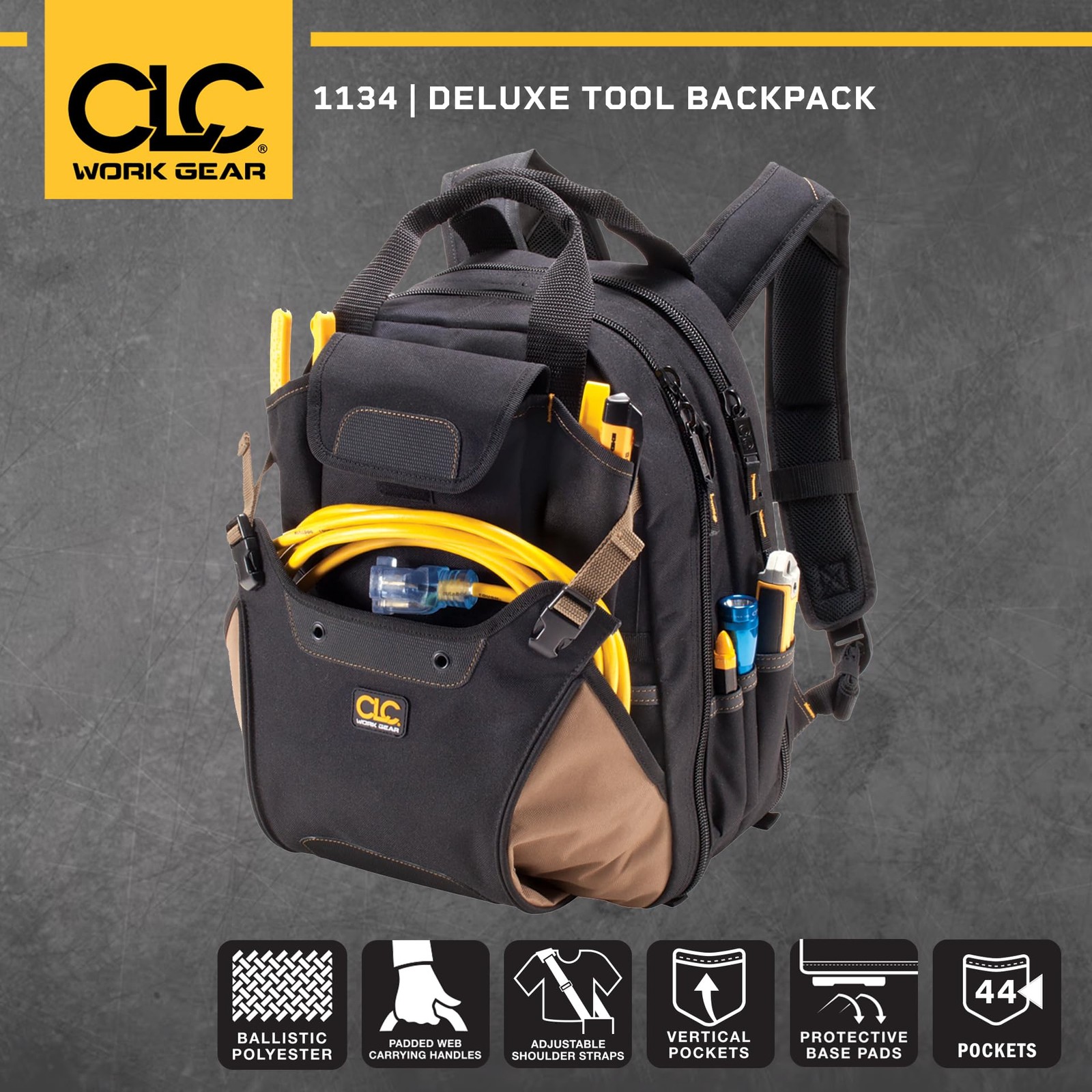 CLC Work Gear 1134 Carpenter’s Tool Backpack, 13.75″W x 16″H x 8.5″D., Black