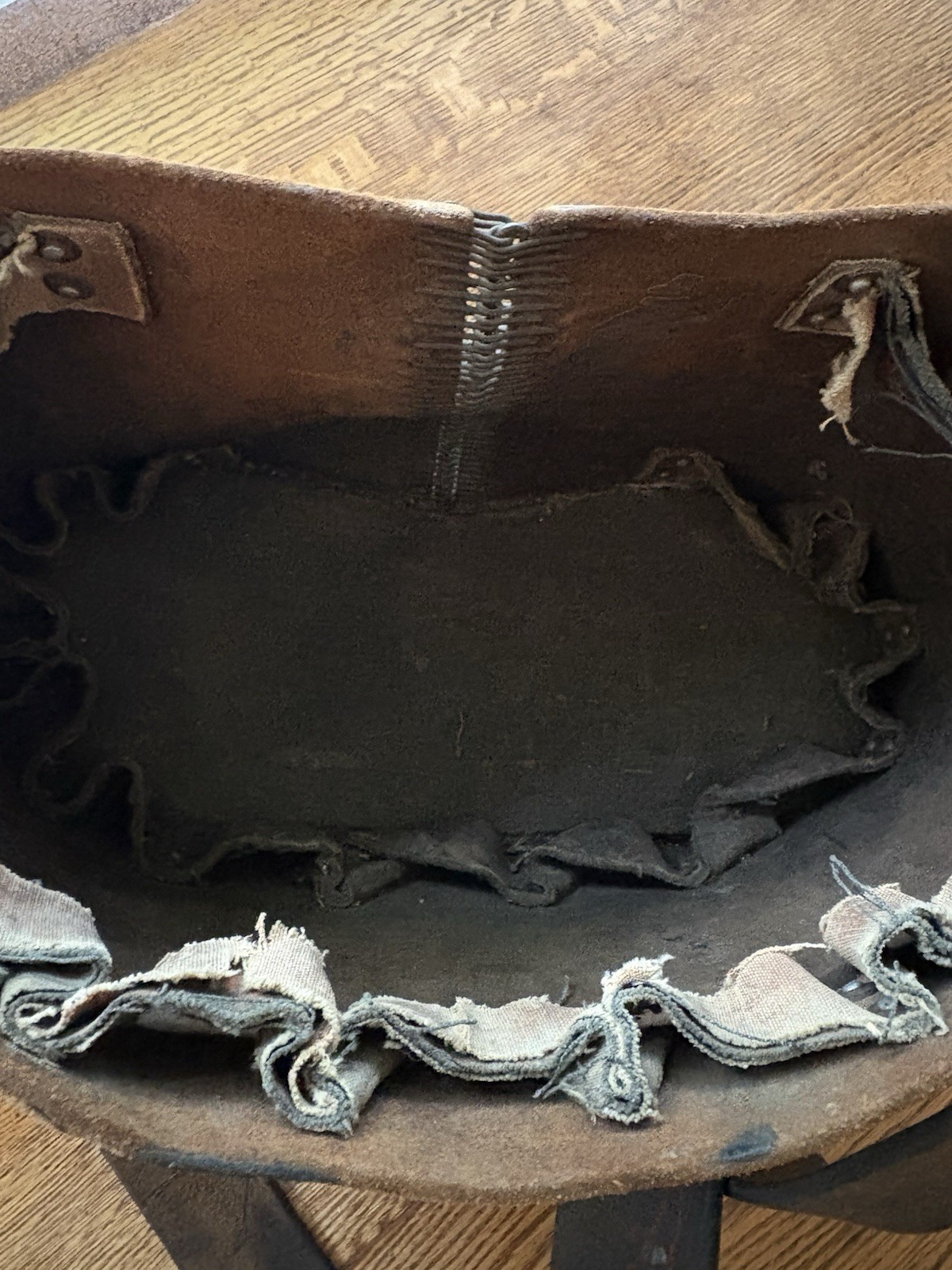 Early 20th century industrial riveted & stitched mechanic Leather Wood tool bag