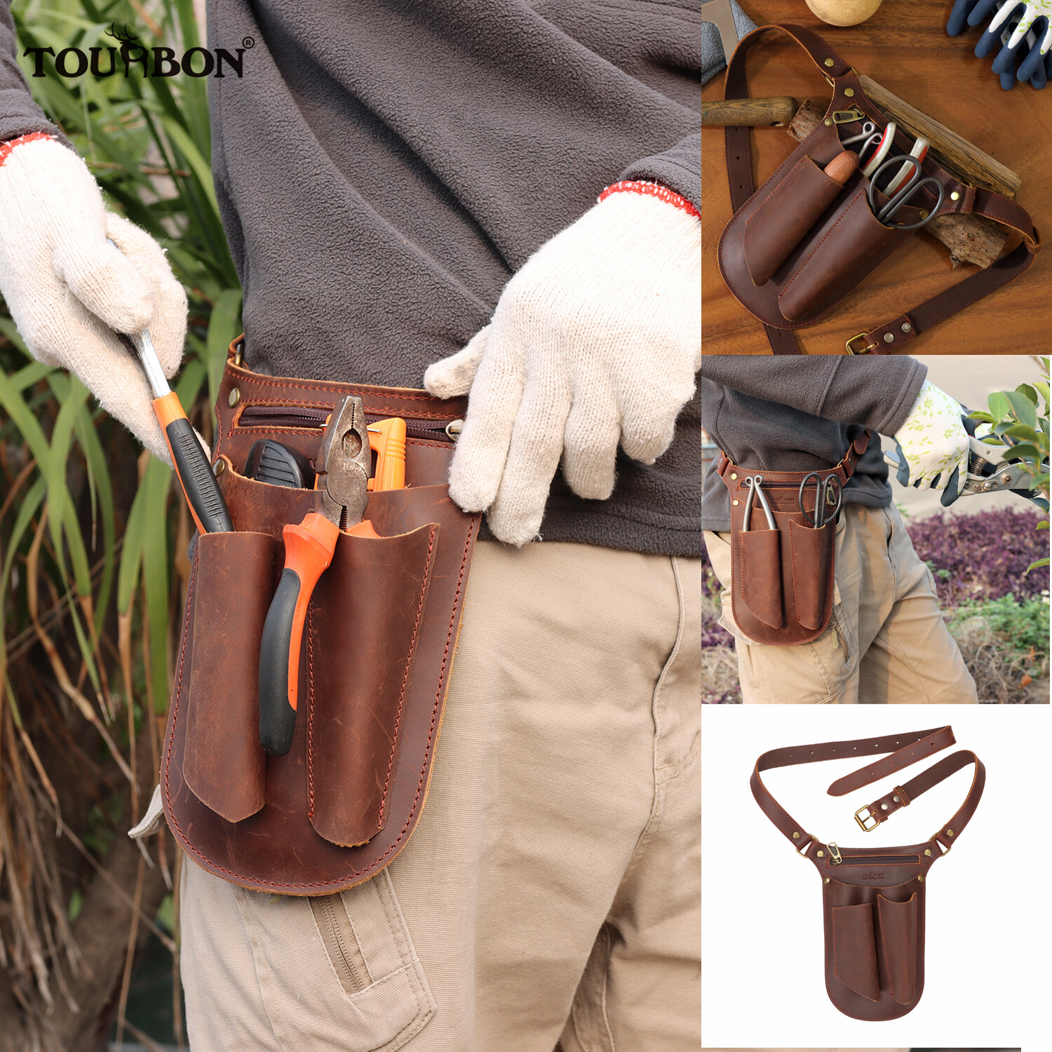 TOURBON Leather Gardening Belt Pouch Florist Organizer Waist Bag Tools Holster