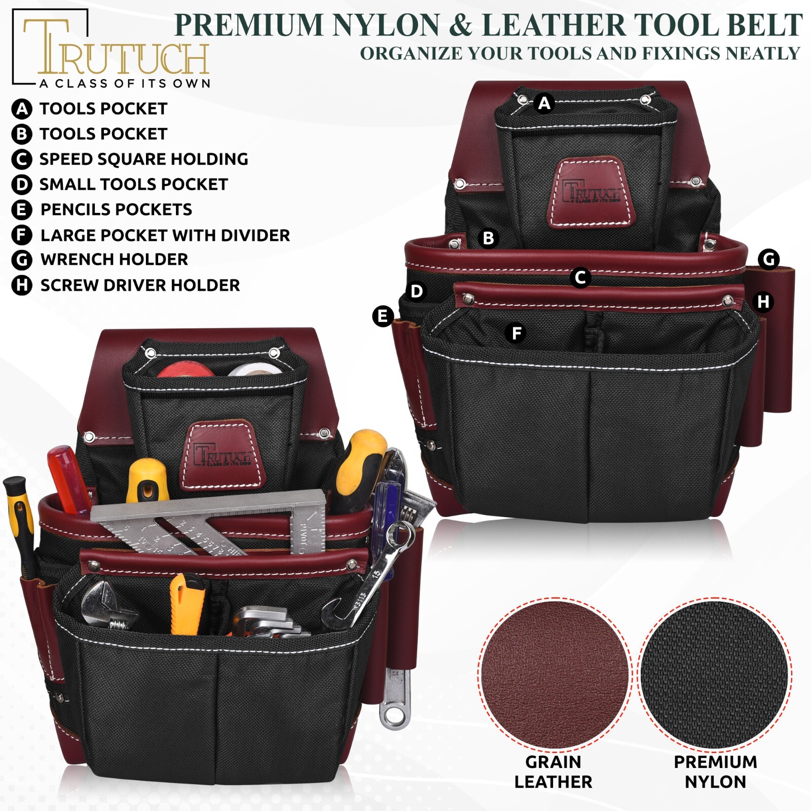 TRUTUCH Nylon and Leather Tool Belt with Leather Work Suspender | Tool Belts