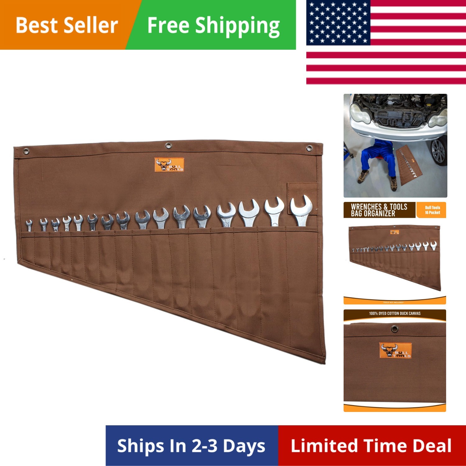 Roll Up Tool Bag Organizer 16 Pockets Metric & SAE Wrench Organizer Heavy Dut…