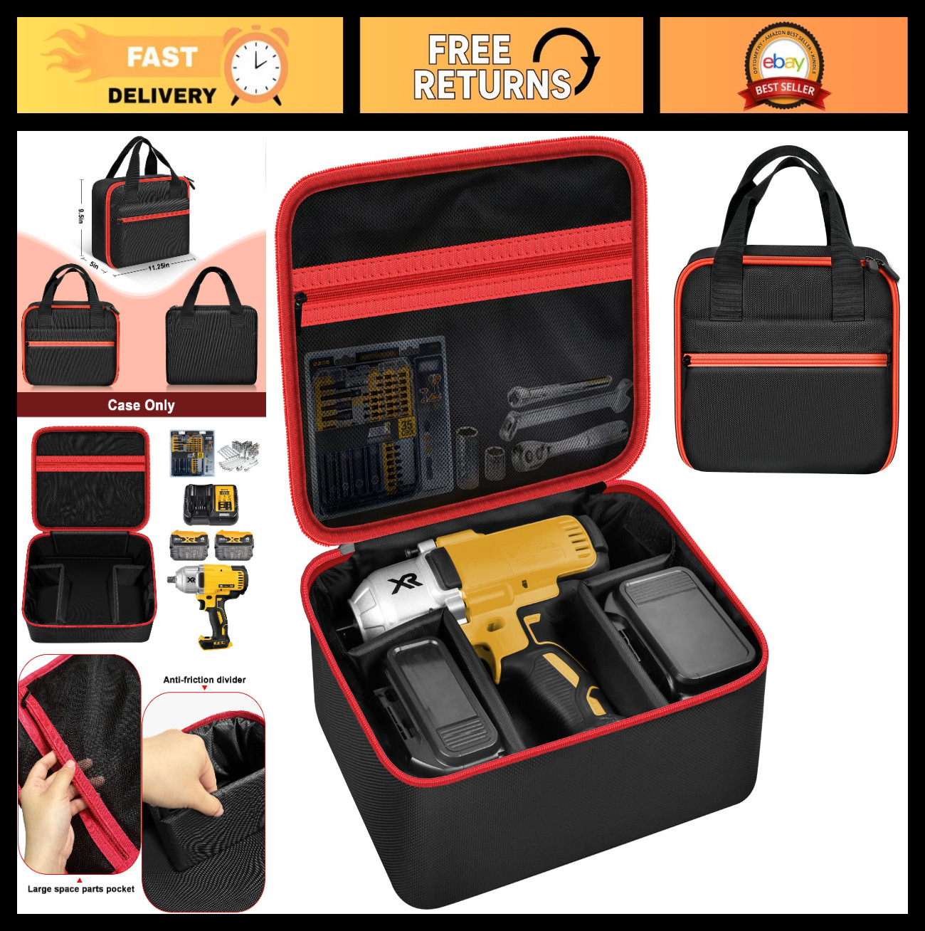 Impact Driver Bag Case for 20V MAX XR Cordless Wrench Kit – Red Zipper Holder