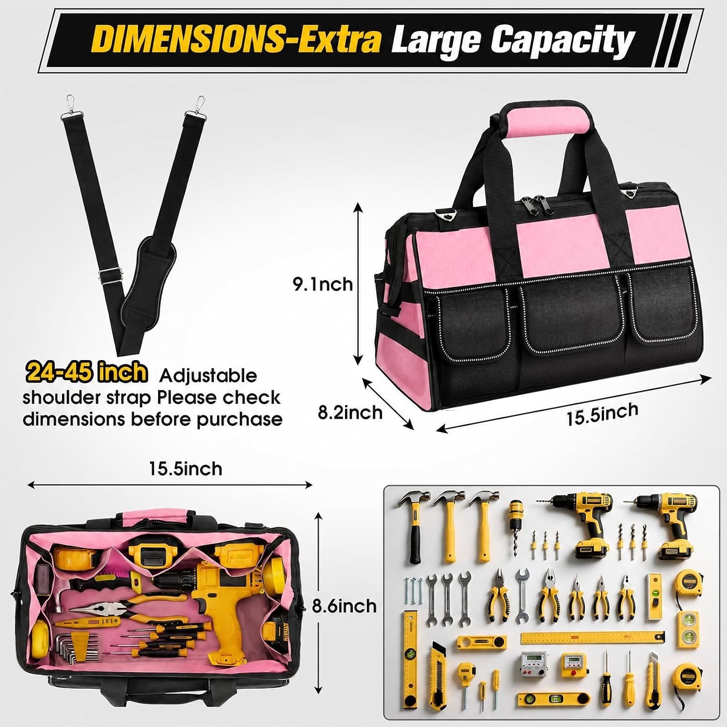 16-Inch Pink Tool Bag with 19 Pockets – Heavy-Duty Organizer for All Needs