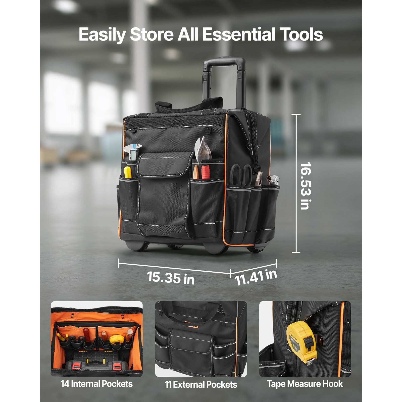 Uimoso Rolling Tool Bag 25 Pockets Heavy Duty Roller Tool Bag on Wheels 15″