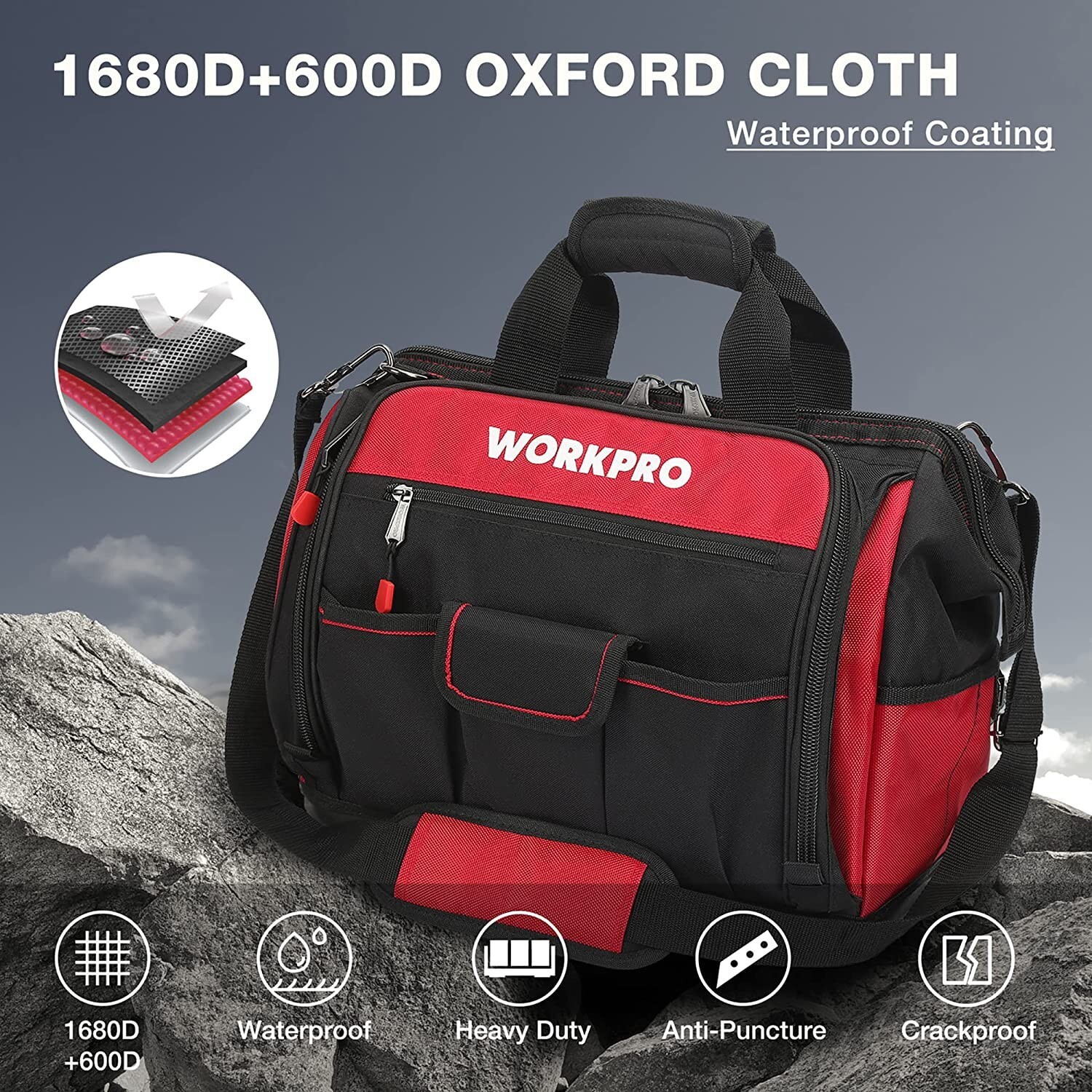 WORKPRO 16″ Tool Bag Top Wide Mouth With 46 Pockets For Tool Organizer & Storage
