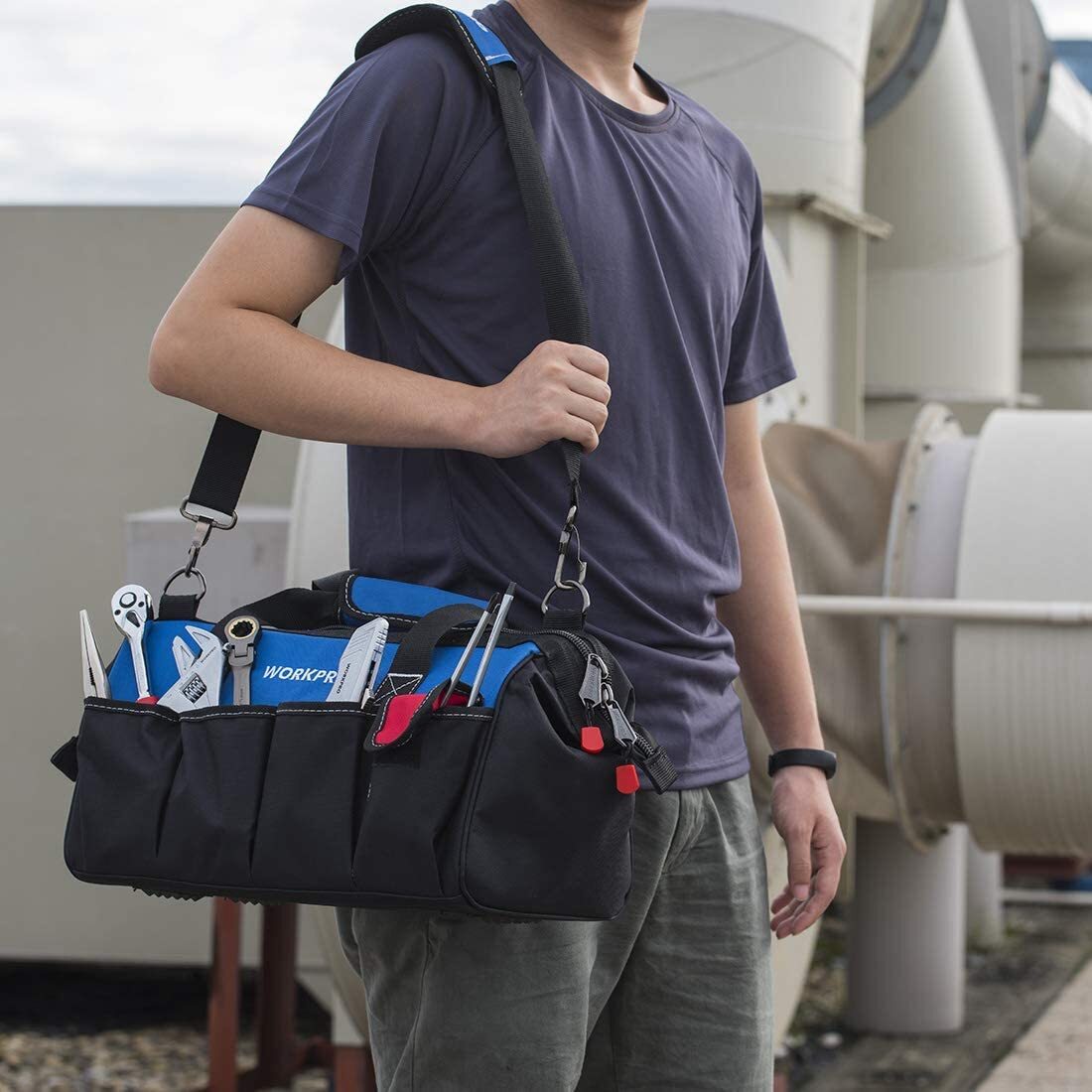 WORKPRO 18″ Close Top Wide Mouth Storage Tool Bag w/Shoulder Strap Sturdy Bottom
