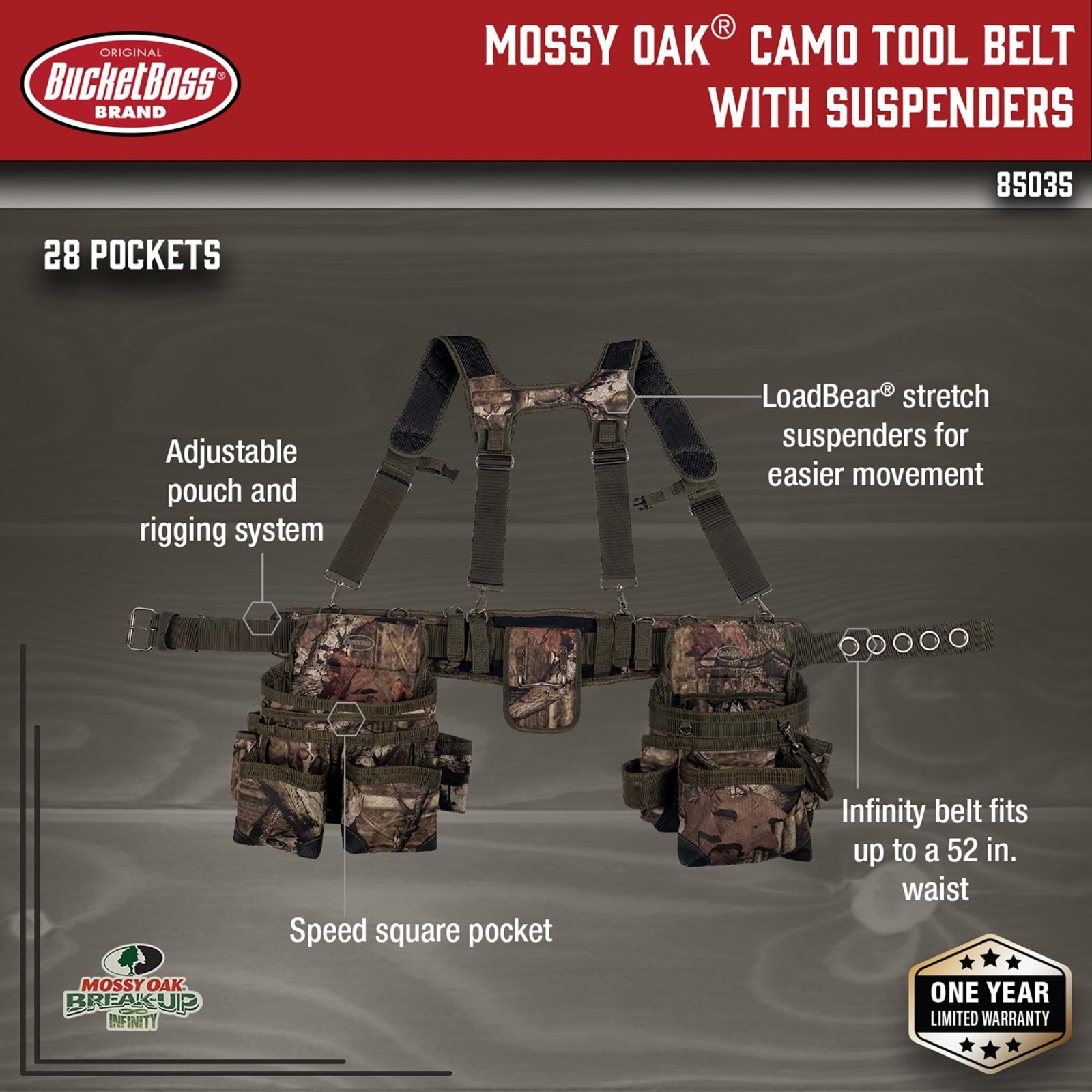 Camo Tool Belt with Suspenders – Heavy Duty Multi-Pocket Work Belt, 52