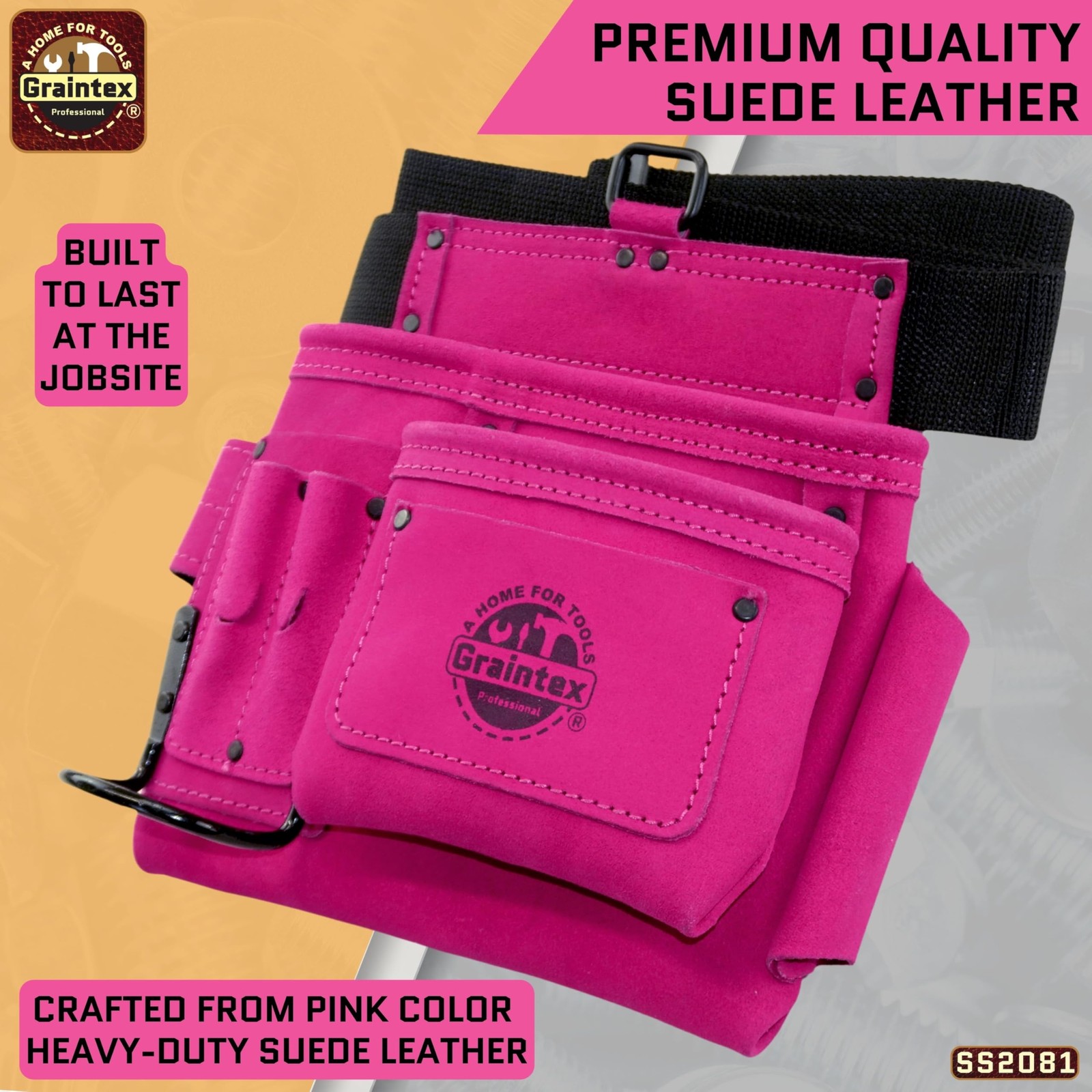 Graintex 5 Pocket Suede Leather Tool Belt/Bag | Pink | Multipurpose Leather T…