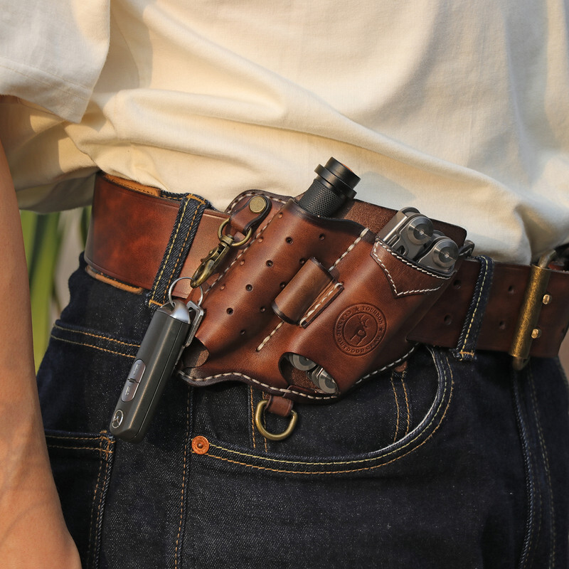 TOURBON Leather 4-in-1 Tool Belt Holster EDC Multitool Flashlight Sheath Utility