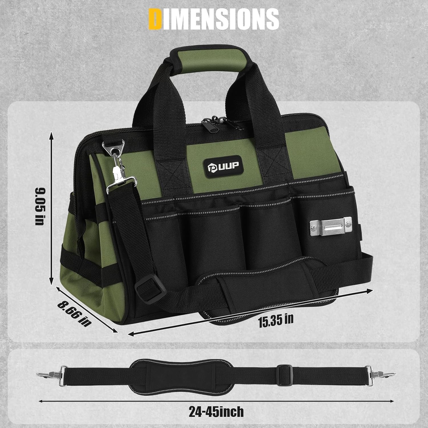 Versatile 15-Inch Tool Bag with 16 Compartments and Heavy-Duty Zipper – Green