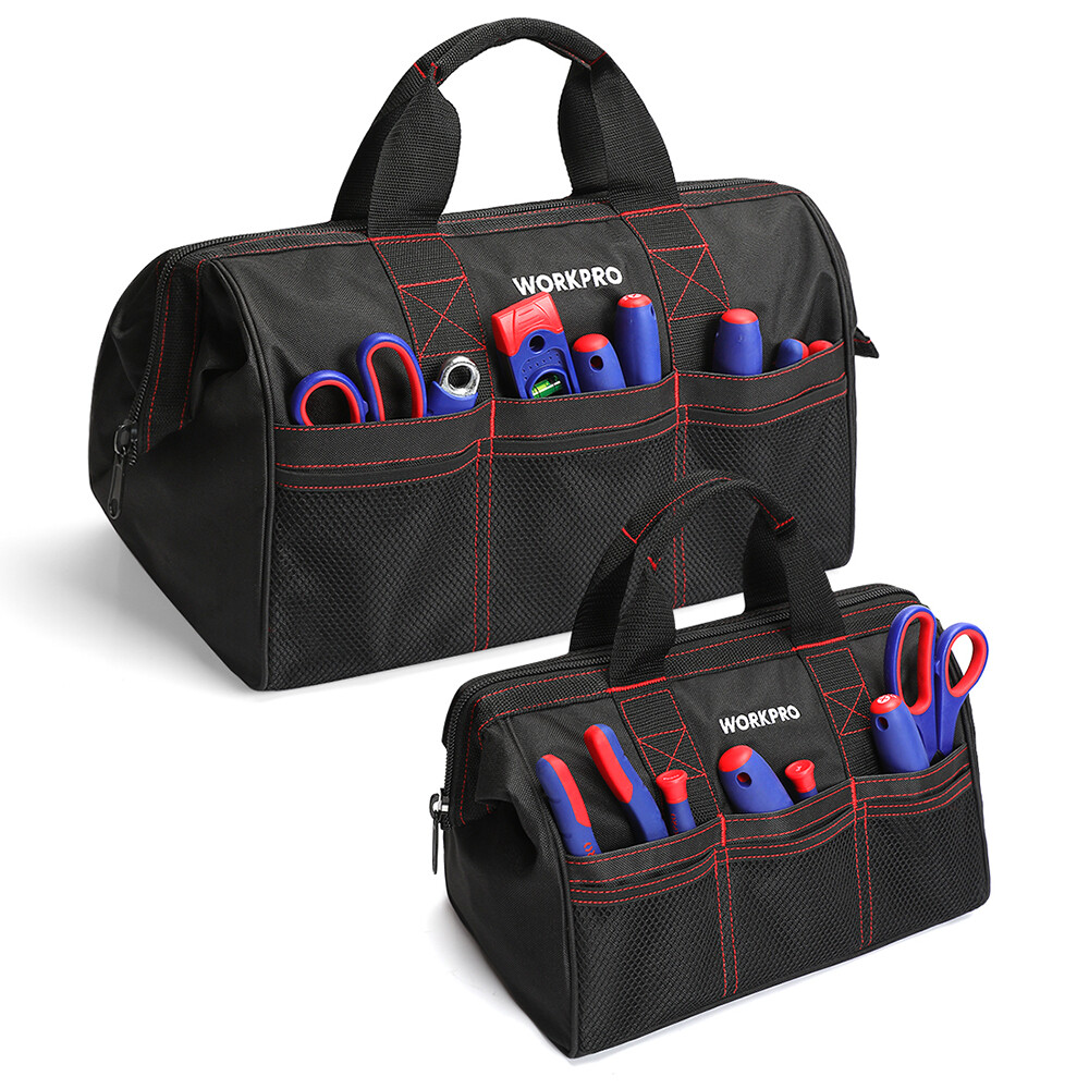 WORKPRO 2PC Tool Bag Case 13″ 18″ Heavy Duty Tote Storage Wide Mouth With Zipper