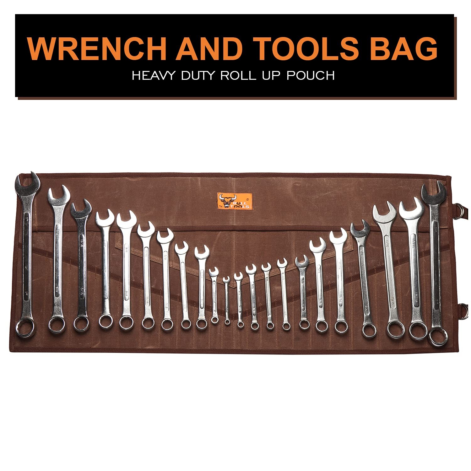 BULL TOOLS 26 Pocket Wrench Organizer Roll-Up Waxed Canvas, Cinnamon Brown