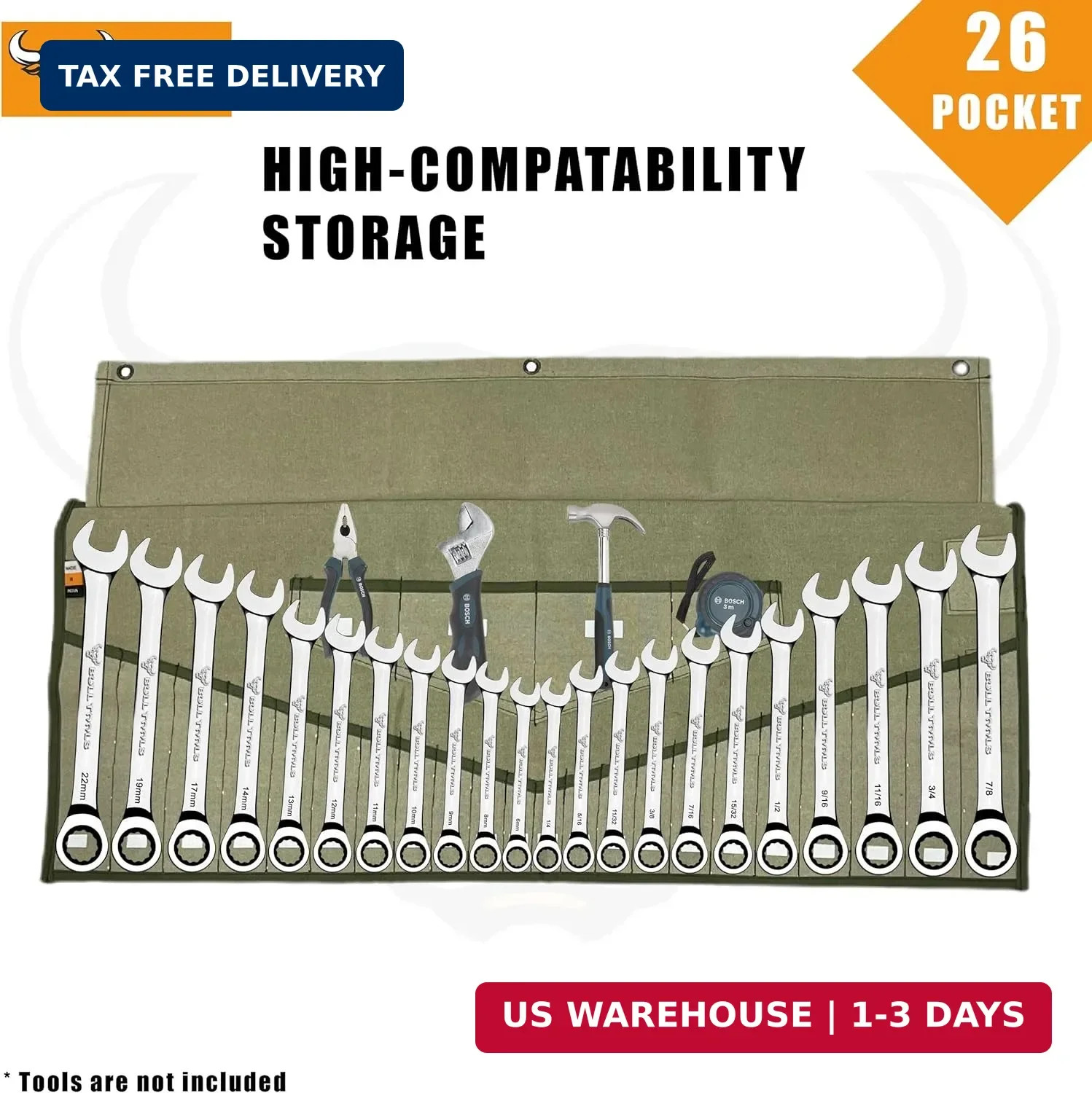 Wrench Roll, 26 Pocket Tool Pouch, Metric SAE Cotton Canvas Bag Organizer | Roll