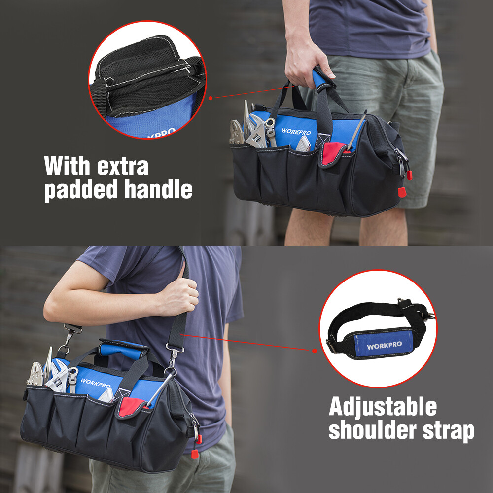 WORKPRO 18-Inch Tool Storage Bag Wide Open Mouth w/ Adjustable Shoulder Strap