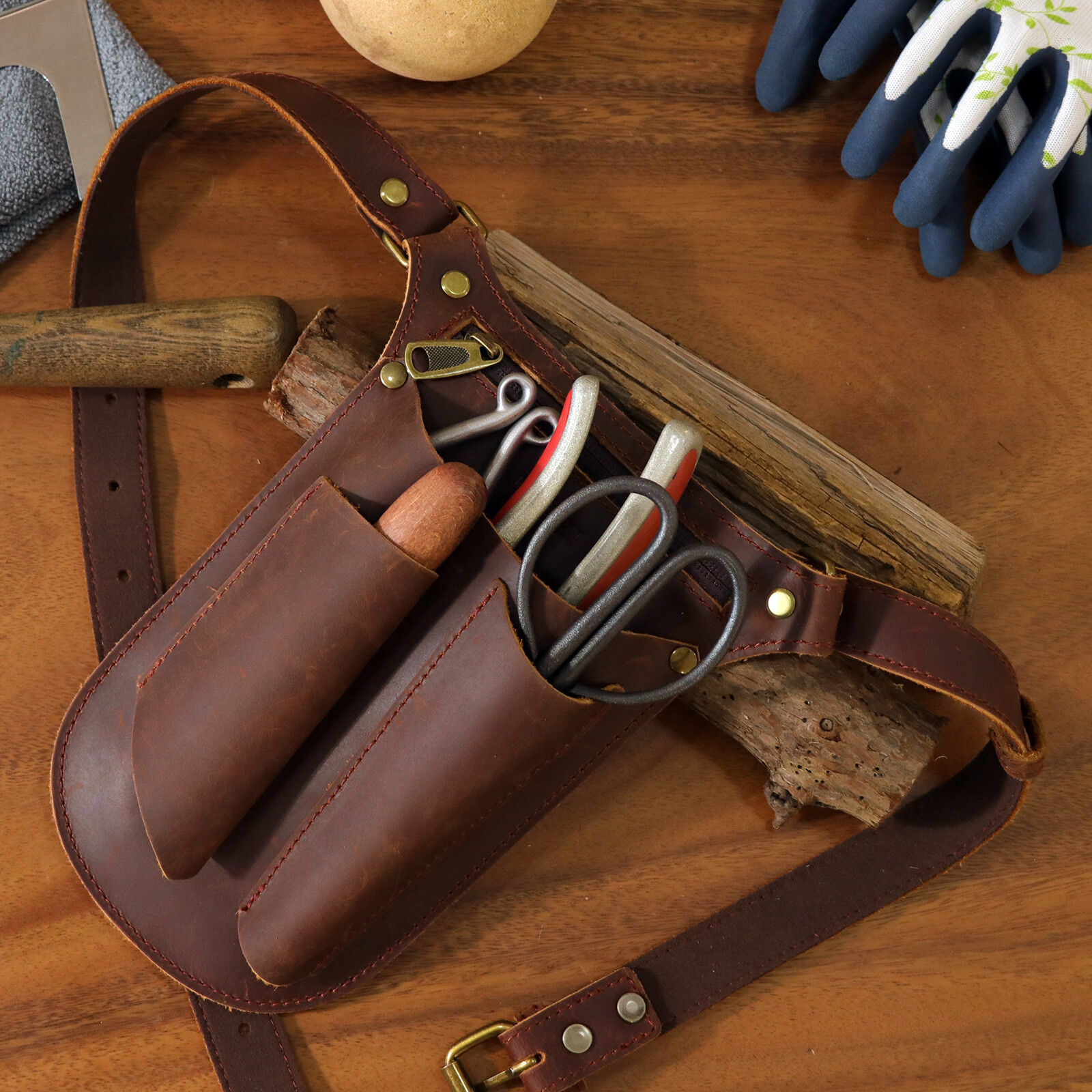 TOURBON Leather Gardening Belt Pouch Florist Organizer Waist Bag Tools Holster