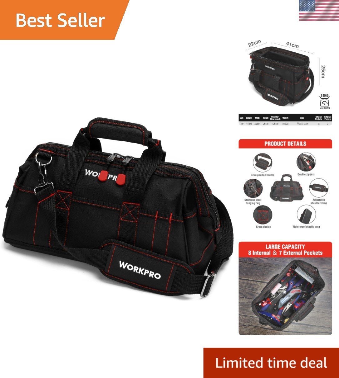 16-Inch Waterproof Tool Storage Bag with Wide Mouth Design for Organizing Tools