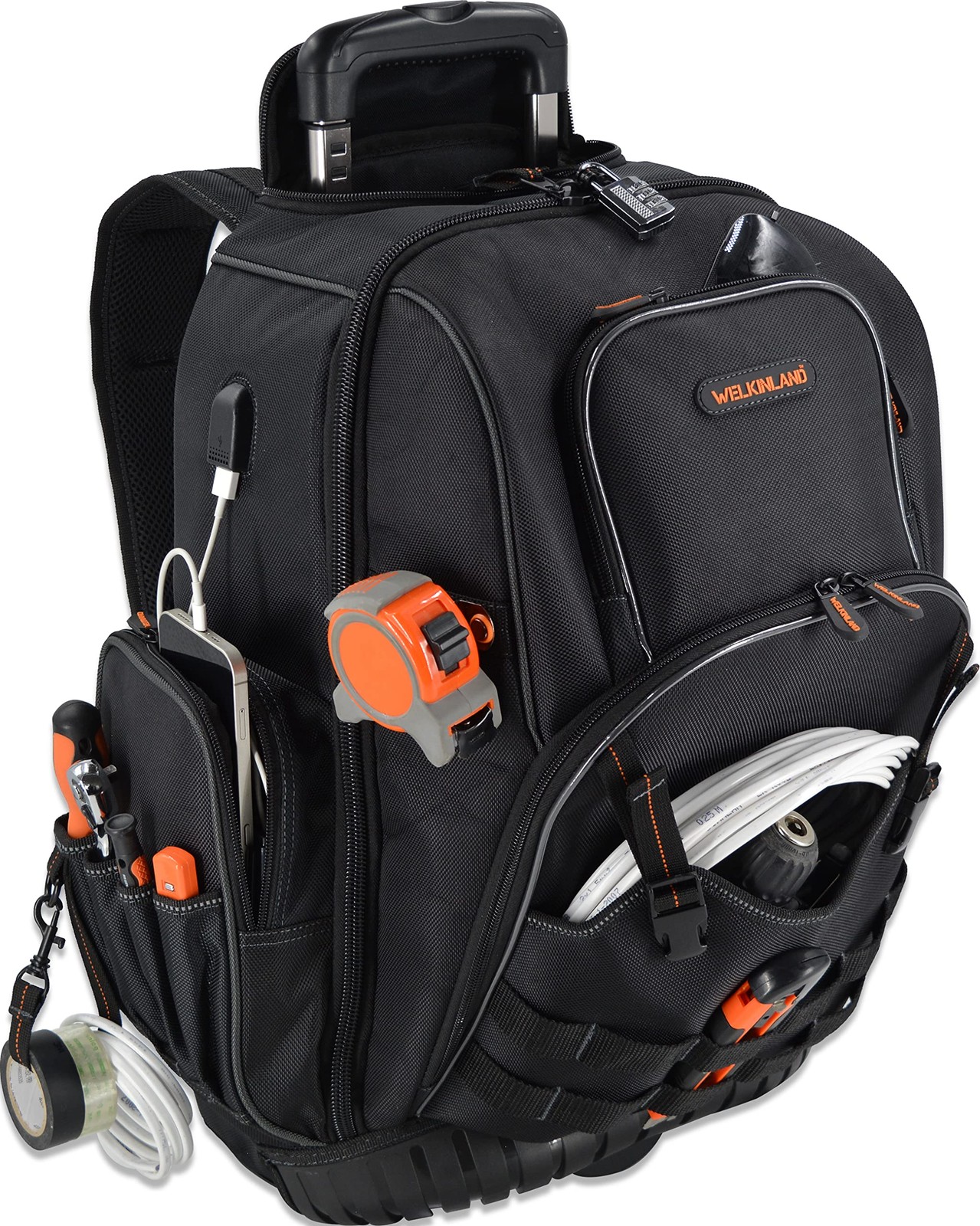 WELKINLAND 72Pockets Rolling Tool backpack, Large tool bag with wheels