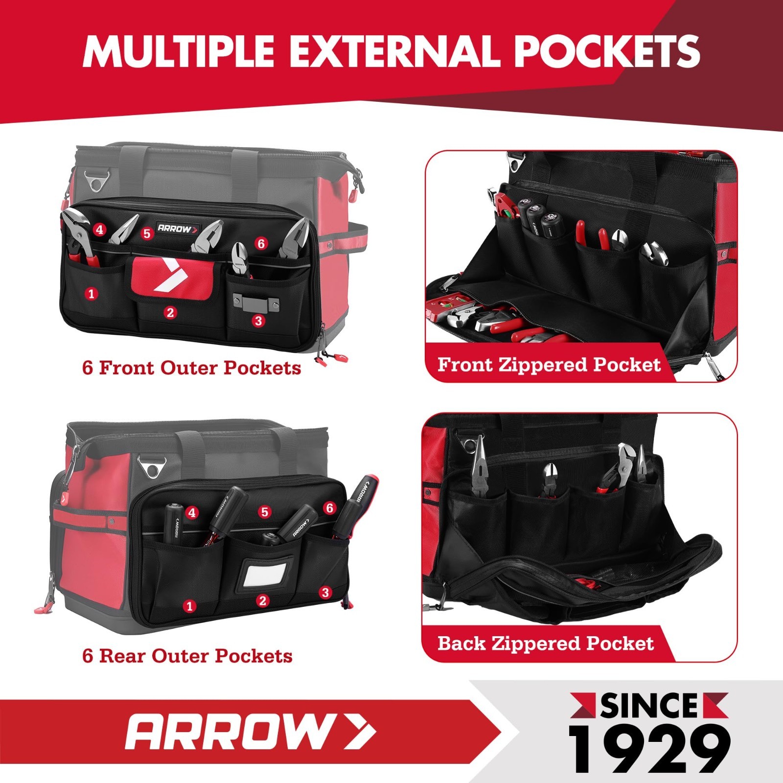 Large 17″ Heavy Duty Tool Bag with 36 Pockets, Waterproof Base, Reflective Band,