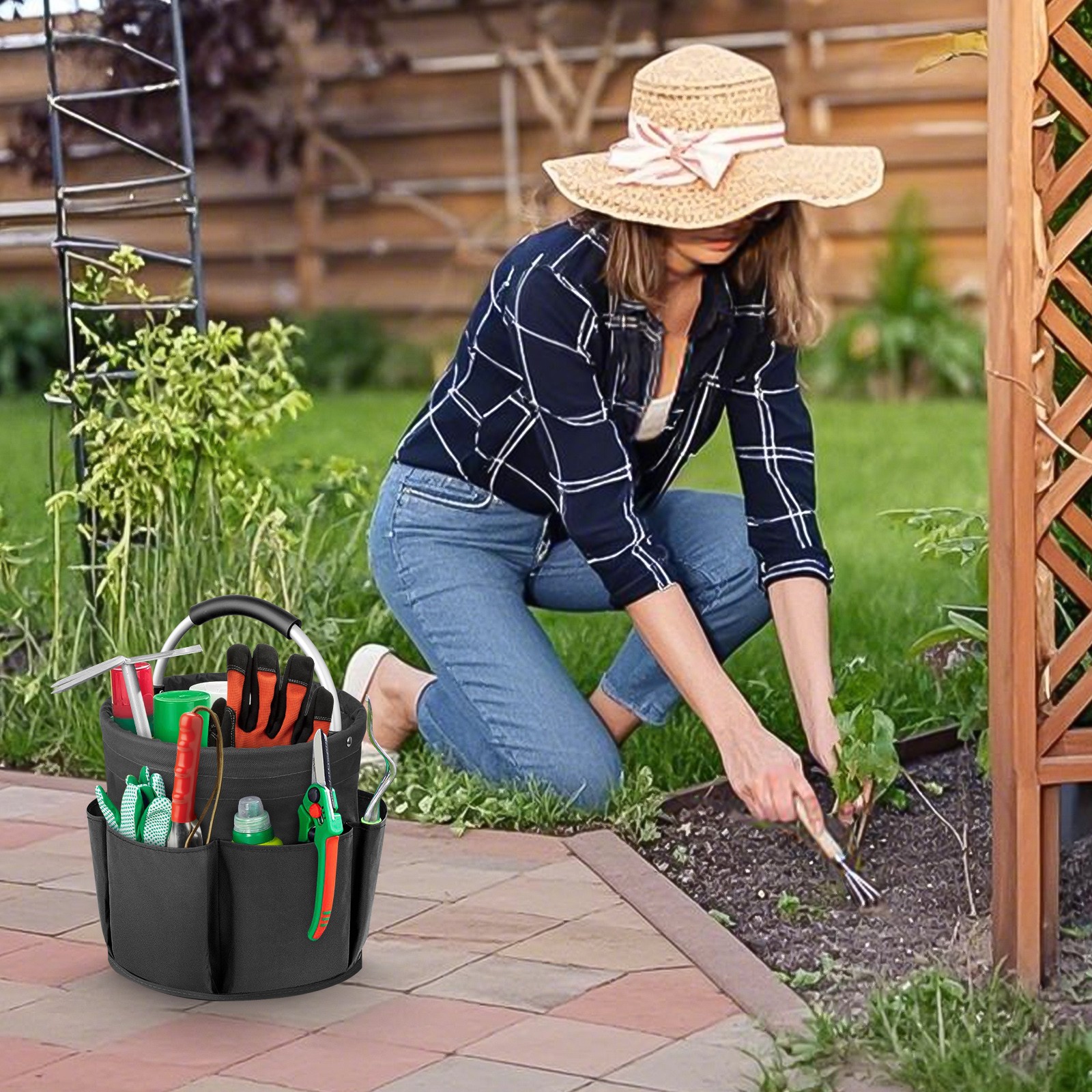 17L Multi-Compartment Portable Storage Bucket Folding Garden Tool Organizer Bag