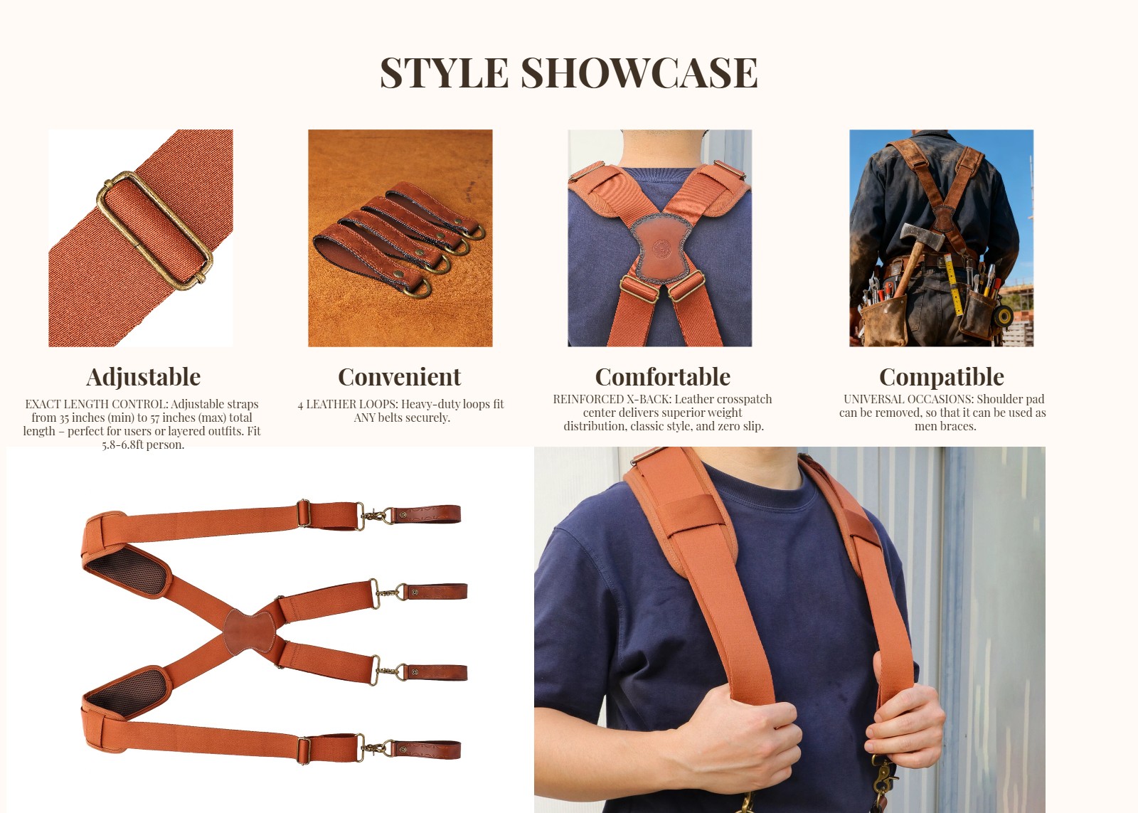 TOURBON Adjusted Tool Belt Suspenders- Leather Cross Patch-Padded Shoulder Strap