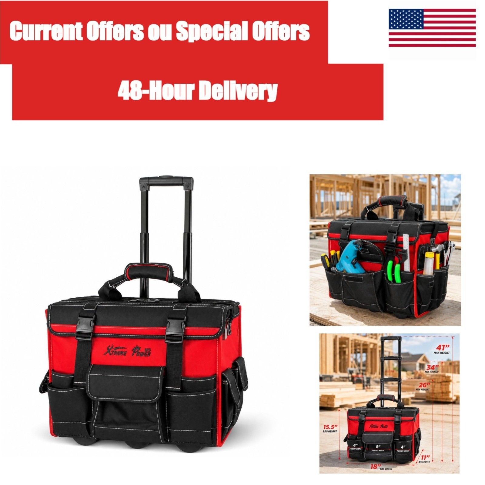 XtremepowerUS Rolling Tool Bag 18in Wheeled Organizer Black Red