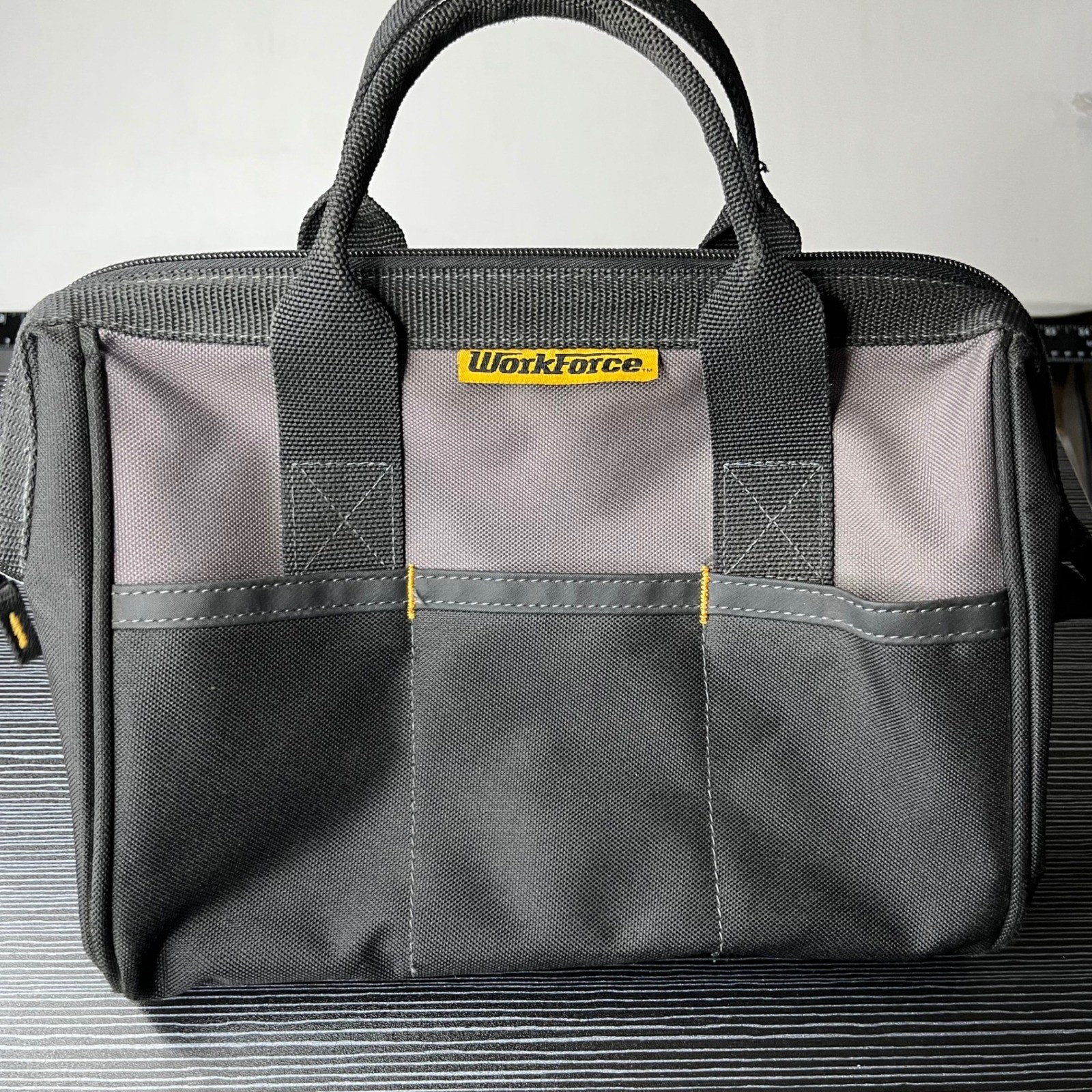 Workforce Tool Bag 13in Black Gray Canvas Zippered Soft Side Multi Pocket Bag