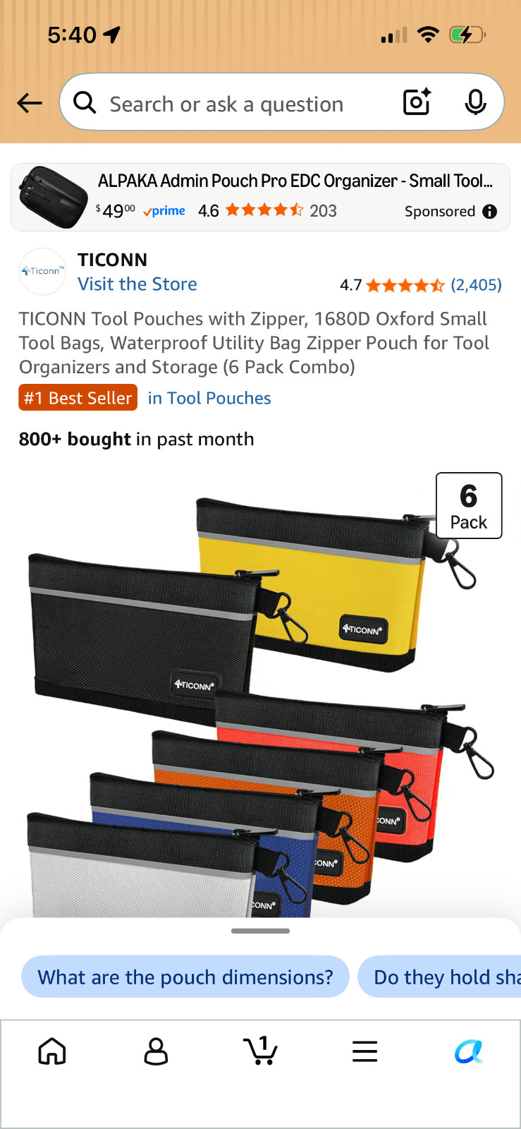 TICONN Tool Pouches with Zipper, 1680D Oxford Small Tool Bags (6 pack)