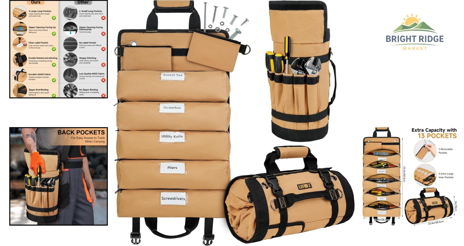 Roll Up Tool Bag with Reinforced Stitching and Scratch-Resistant Fabric