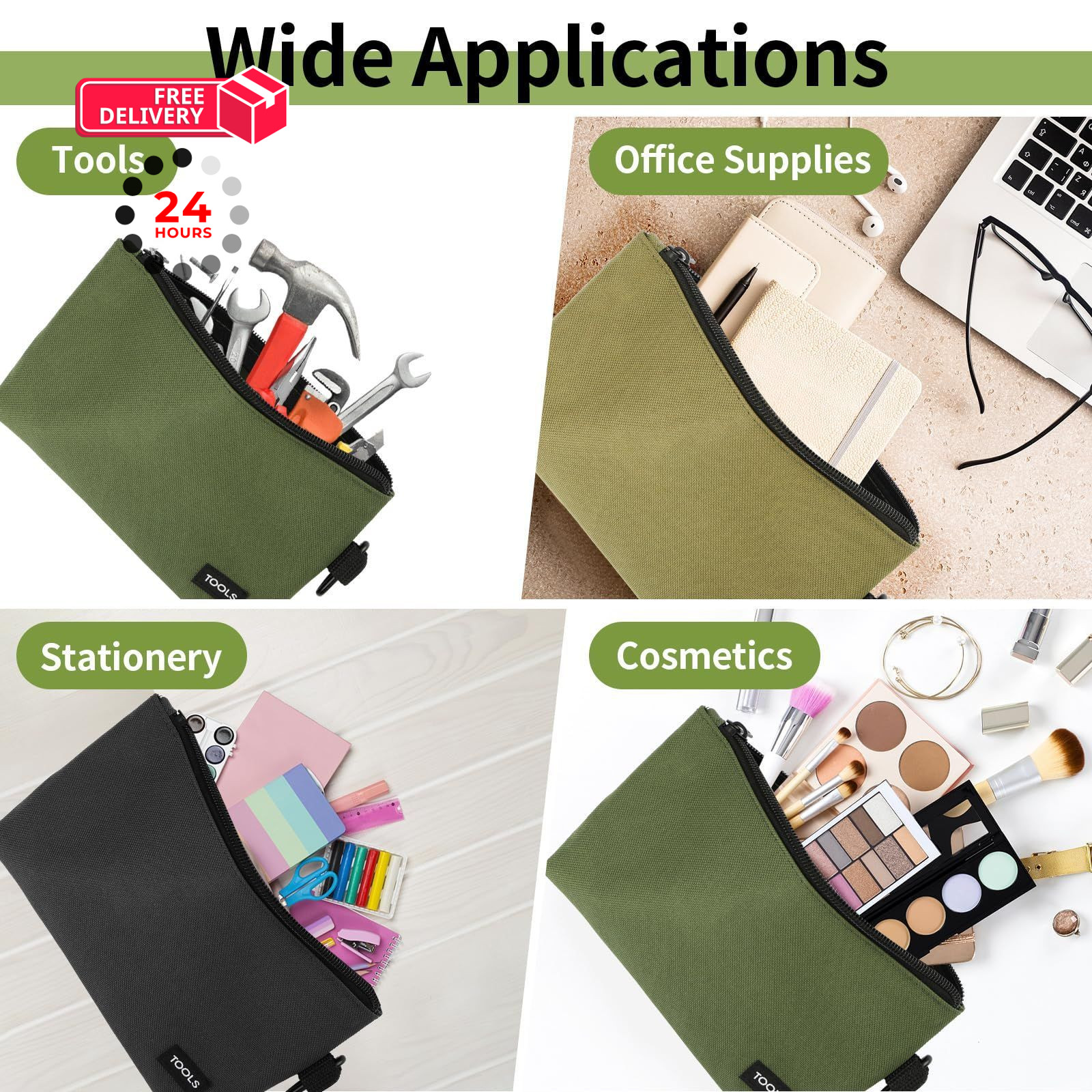 3 Pcs Zipper Tool Pouches, 12 Inch Flat Bottom Utility Bags 12″, Multicolored