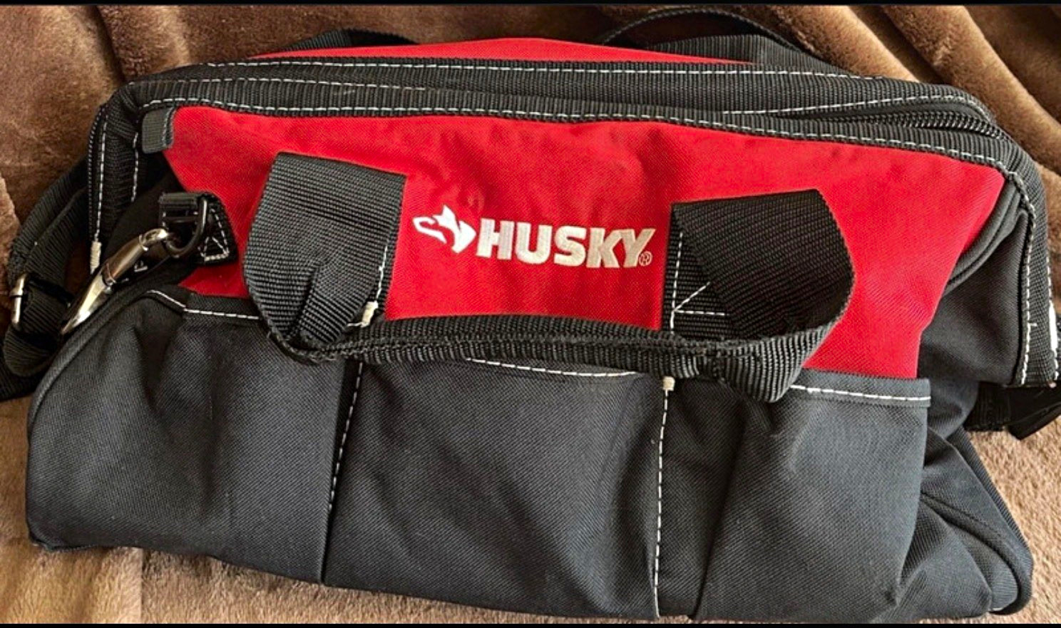 Husky Red/Black Small Fabric Tool Bag w/ Handle, Shoulder Strap, Zipper, 18″