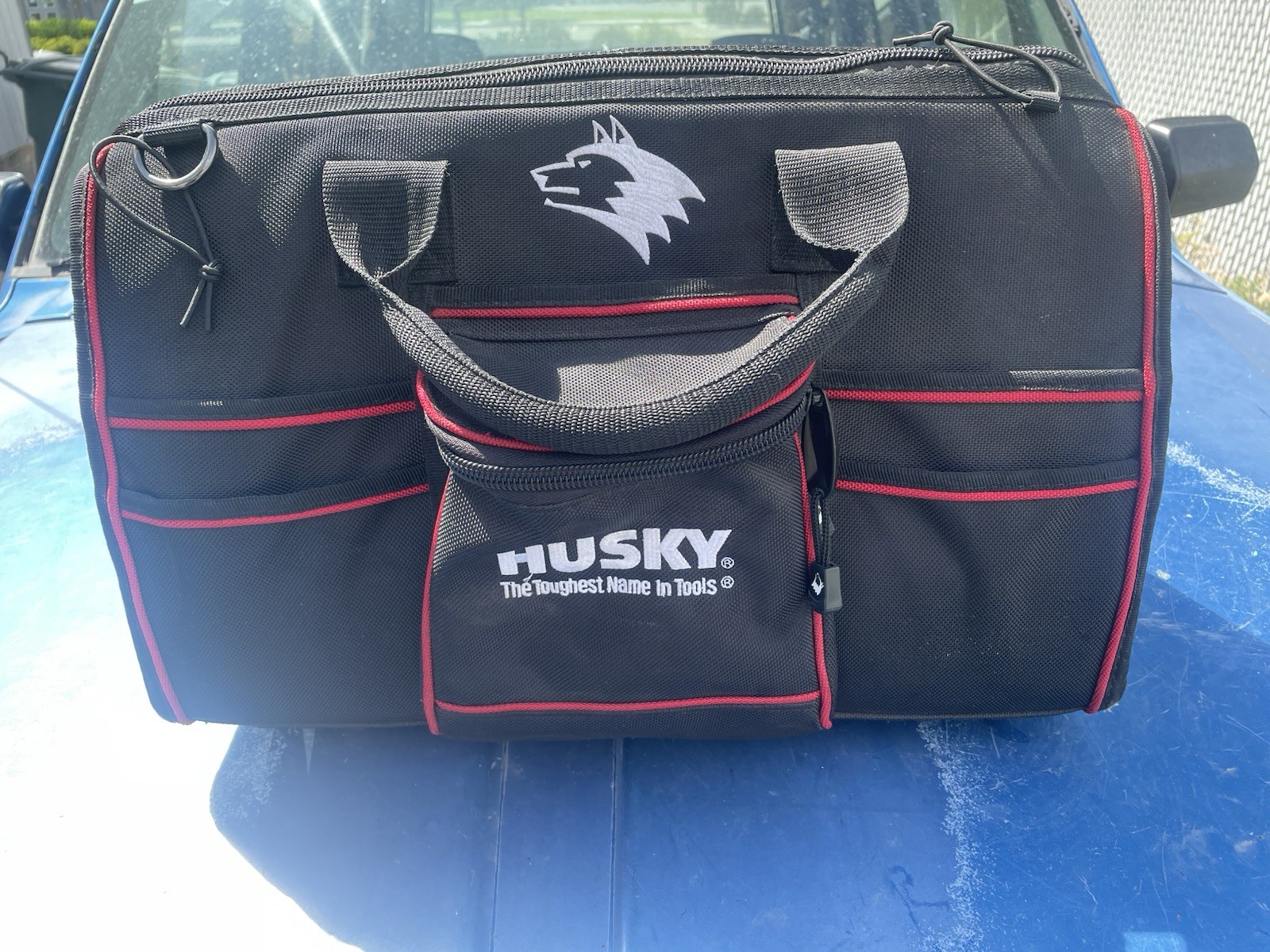 Husky Electrician Tool Bag Red/Black – 25″ w/ Strap & Handle 30+ Pockets Used