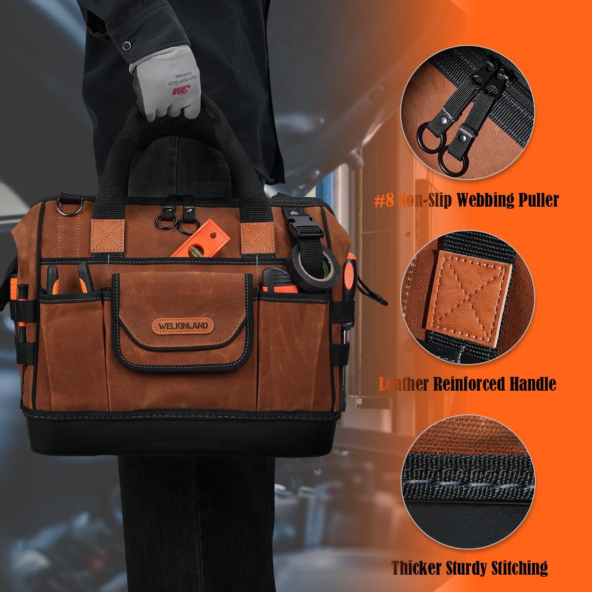 22-Pockets Hard Bottom Tool Bag, 14-Inch 14 Inches, Rust & Black
