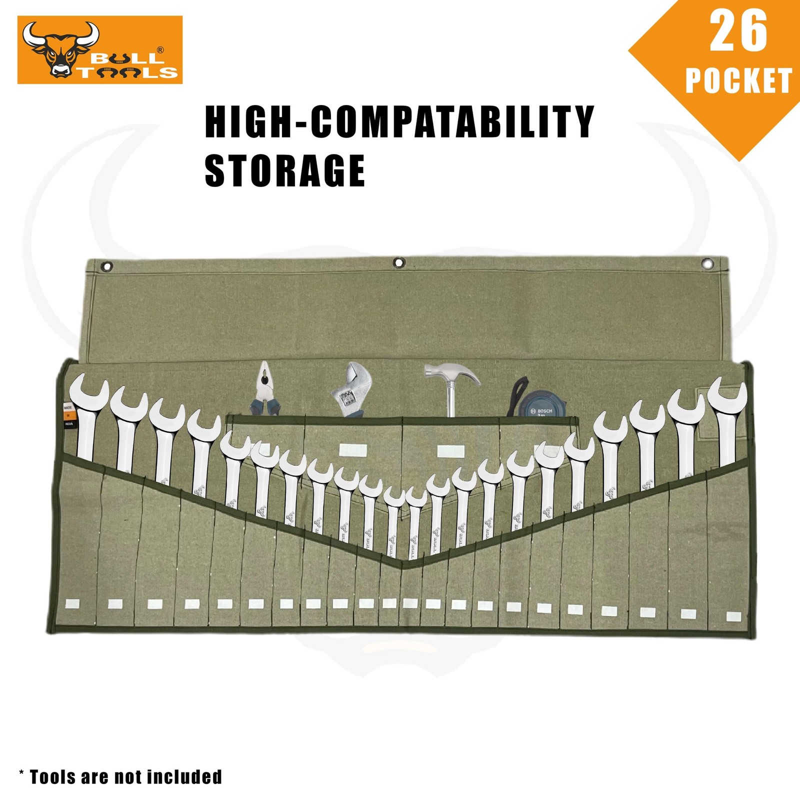 BULL TOOLS Tool Roll Organizer with 26 26 Pocket, Sand Washed Olive Drab