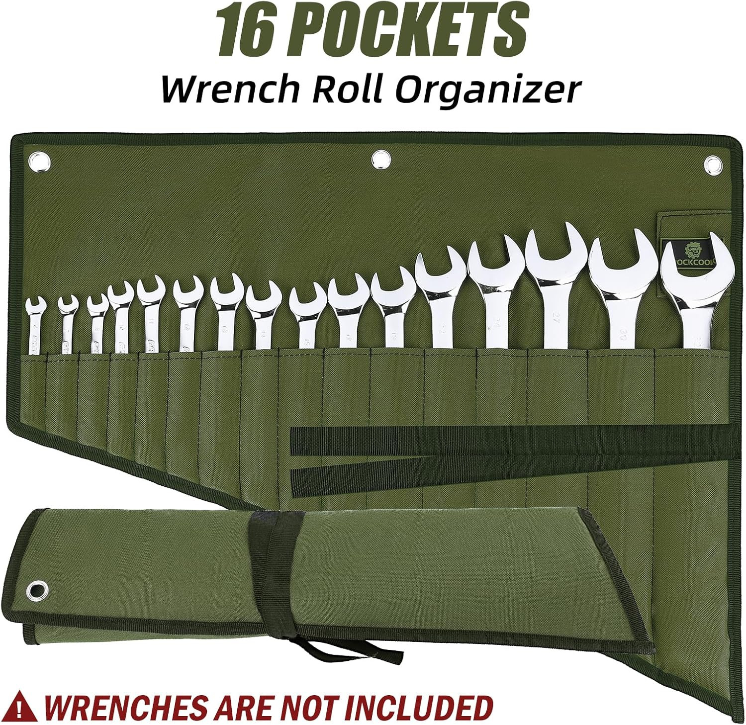 Wrench Roll Organizer 16-Pocket Waterproof Oxford Cloth Tool Pouch Roll-Up Green
