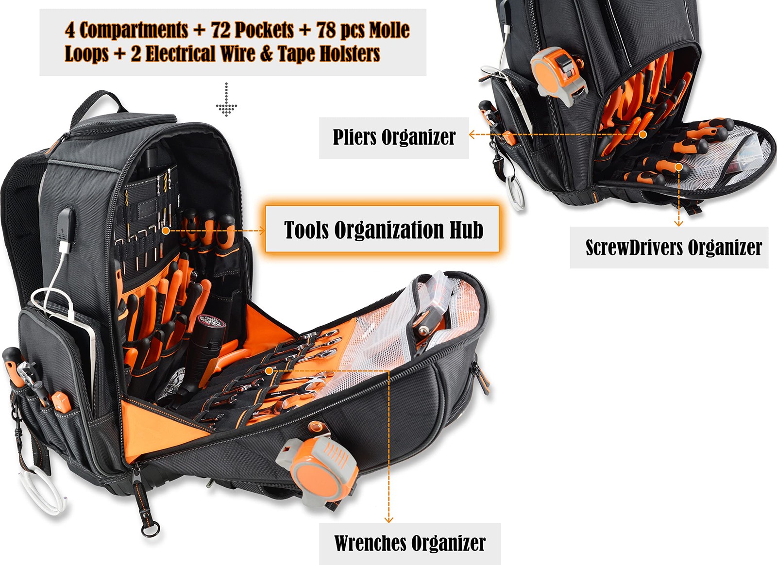 WELKINLAND 72Pockets Rolling Tool backpack, Large tool bag with wheels