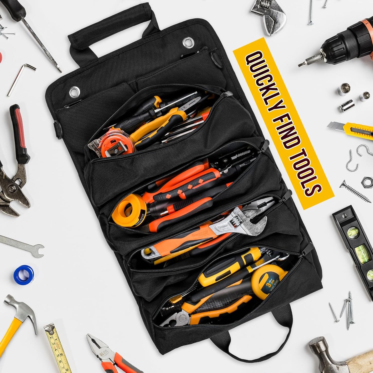 Roll Up Tool Bag Heavy Duty Tool Roll Up Bag 4 Pockets w/Detachable Tool Pouches
