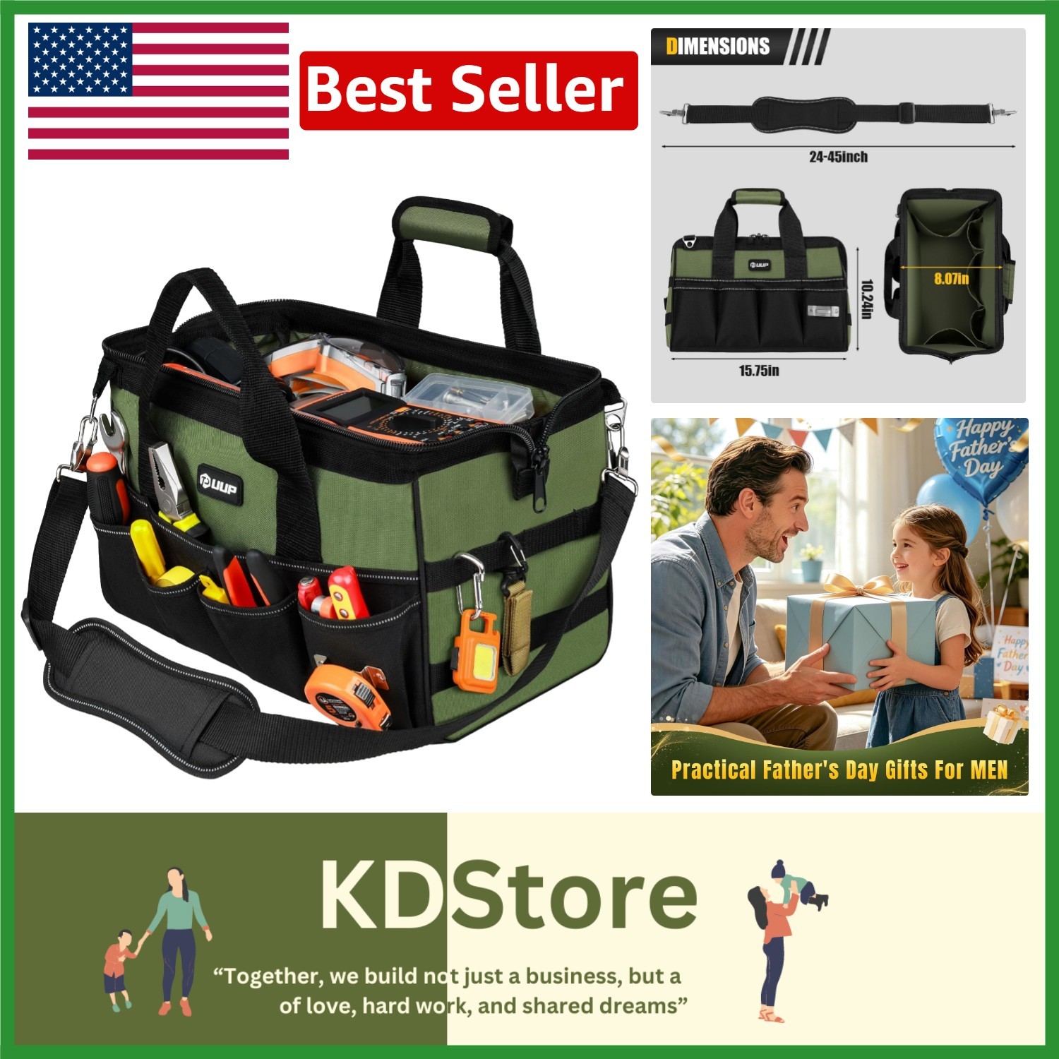 15-Inch Portable Tool Box Organizer – 16 Pocket, Adjustable Strap, Durable Green