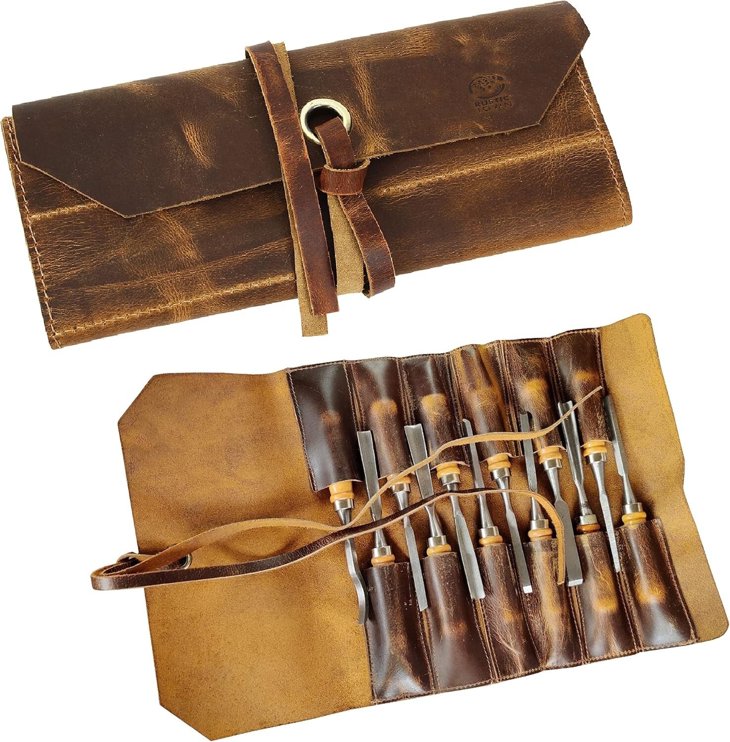 Leather Tool Roll Pouch – 12 Pocket Compact Wrench & Chisel Organizer for Mechan