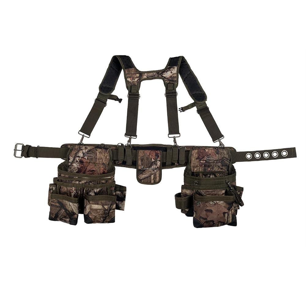 Camo Tool Belt with Suspenders – Heavy Duty Multi-Pocket Work Belt, 52