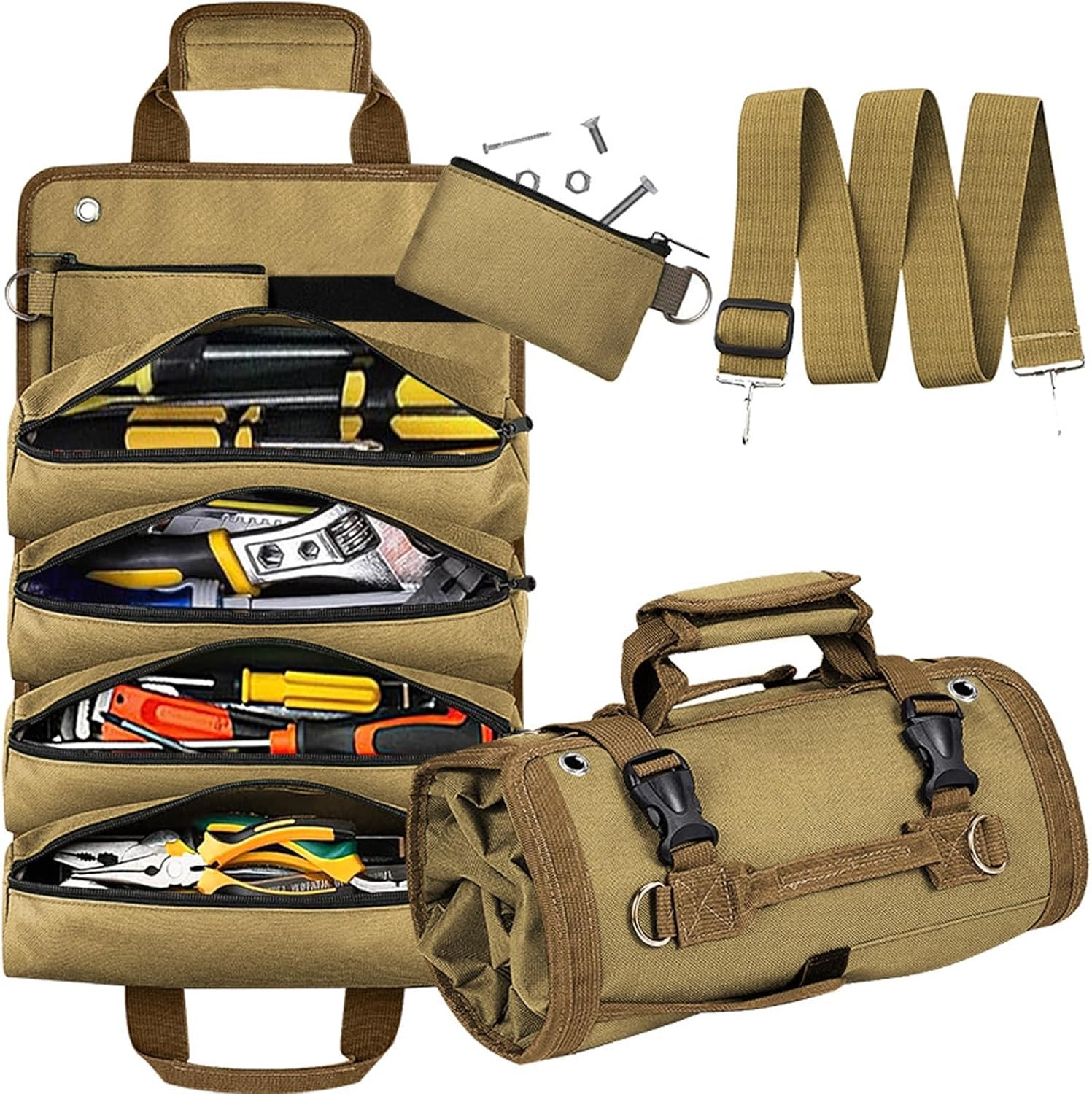 Roll Up Tool Bag Heavy Duty Tool Roll Up Bag 4 Pockets w/Detachable Tool Pouches